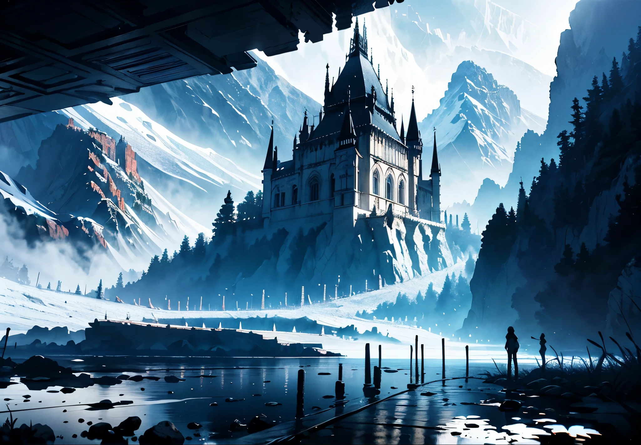 (Black and white marble gothic style building),panoramic镜头,masterpiece, concept art, panoramic,Close-up of the vista,Royal palace castle on the mountain,Western fantasy style,Normandy Civilization Style,(The combination of magic and technology,Black and white marble style building), fantasy theme,flying dragon,The top of the gray mountain,City,Sky,The place where three rivers meet,Sky中的flying dragon,Volumetric lighting, global illumination, HD