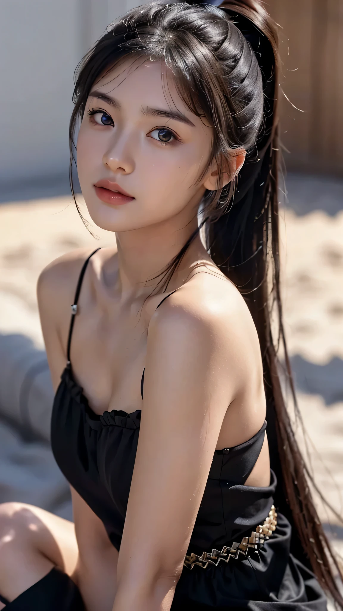 Everyone is captivated, you are the perfect and ultimate idol, you don't appear in the golden ring, everyone will be captivated by him, 20-year-old very cute female idol, looking at the fantastic starry sky on a quiet beach that is not popular, wearing an elegant silk dress, light brown hair with a ponytail, perfect body shape with 9 heads, perfect body line, slim figure, small beautiful pointed chest, beautiful chest ridge, RAW Shots, Photorealistic Textures, Portrait Shots, Overall Cohesive Photos, Skin Realistic Textures, High Quality, High Detail, Best Quality, High Resolution, 8K, Realistic, Ray Tracing, f/4.0, Canon