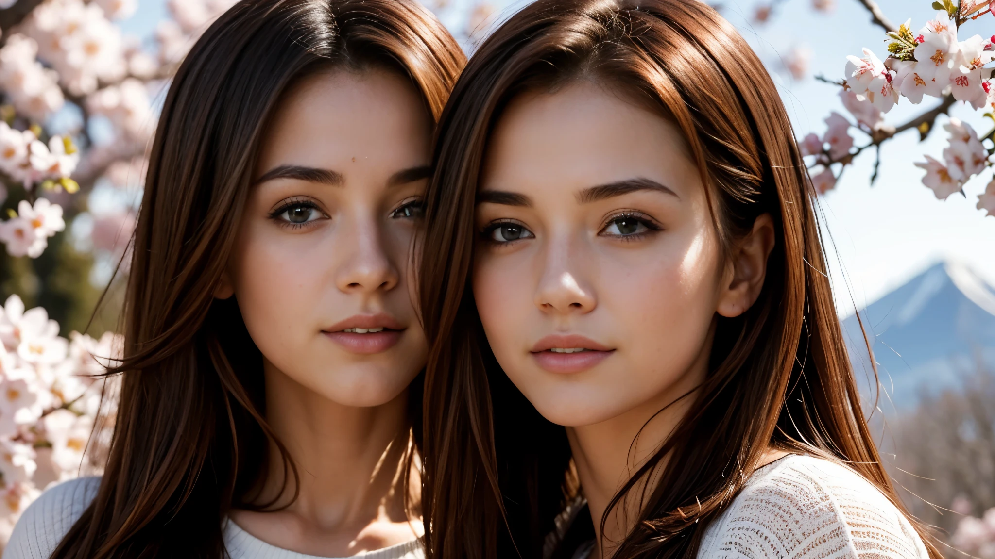 masterpiece, Best Quality, Photorealistic, Ultra-detailed, finely detailed, High resolution, 8K Wallpaper, 1 beautiful woman, light brown hair, sharp focus, Perfect dynamic composition, Beautiful detailed eyes, detailed hairs, Detailed realistic skin texture, Smiling, portrait, Model body type, Take a walk in the park with cherry blossoms and Fuji mountain background,