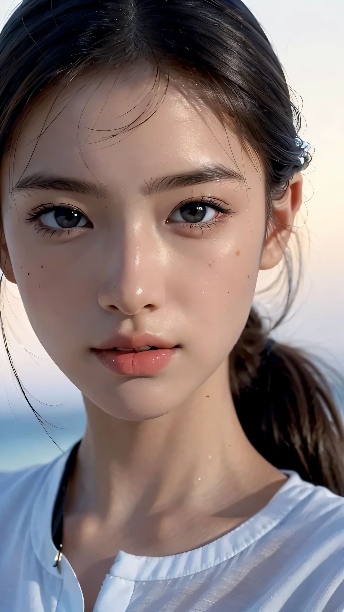 One woman,fully body photo,masutepiece, The highest image quality, High quality, the background is clear,Beautiful woman, Japanese, Detailed, Detailed eyes, Detailed skin, Beautiful skin, 超hight resolution, (reality: 1.4),Very beautiful woman, Slightly younger face, Beautiful skin, slender, (Ultra photo realsisim), (hight resolution), (8K), (Very detailed) (beautifully detailed eyes), (super detailed), (Detailed face), view the viewer, Fine details, Detailed face, Staring straight ahead, Staring straight ahead, photos realistic, Bright lighting, Professional Lighting, Black hair,poneyTail,a baby face,sixteen years old,Hairstyle is ponytail,long ponytail hairstyle,slight smile,South Island Resorts,sandy beach,