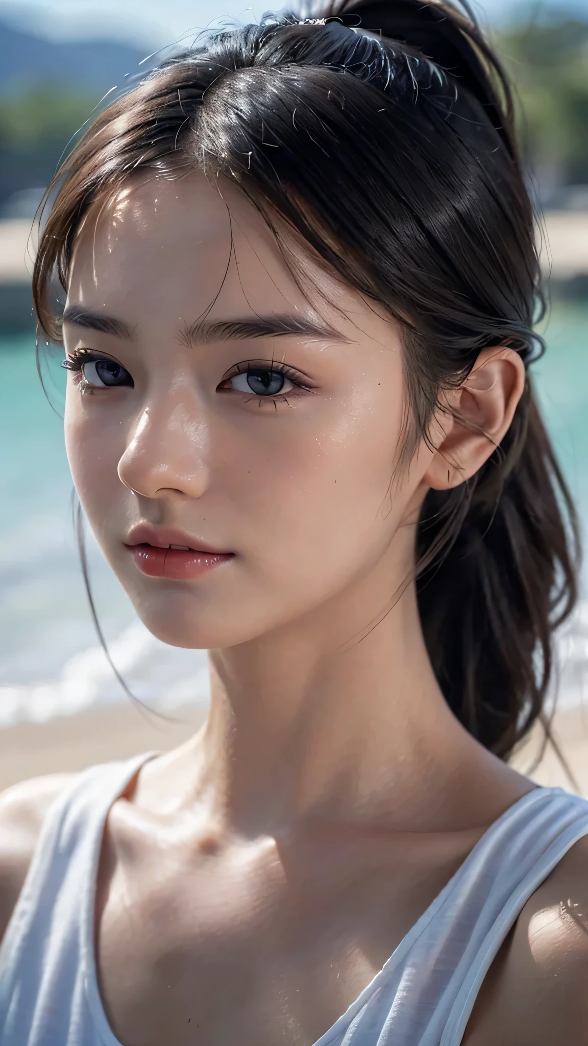 One woman,fully body photo,masutepiece, The highest image quality, High quality, the background is clear,Beautiful woman, Japanese, Detailed, Detailed eyes, Detailed skin, Beautiful skin, 超hight resolution, (reality: 1.4),Very beautiful woman, Slightly younger face, Beautiful skin, slender, (Ultra photo realsisim), (hight resolution), (8K), (Very detailed) (beautifully detailed eyes), (super detailed), (Detailed face), view the viewer, Fine details, Detailed face, Staring straight ahead, Staring straight ahead, photos realistic, Bright lighting, Professional Lighting, Black hair,poneyTail,a baby face,sixteen years old,Hairstyle is ponytail,long ponytail hairstyle,slight smile,South Island Resorts,sandy beach,