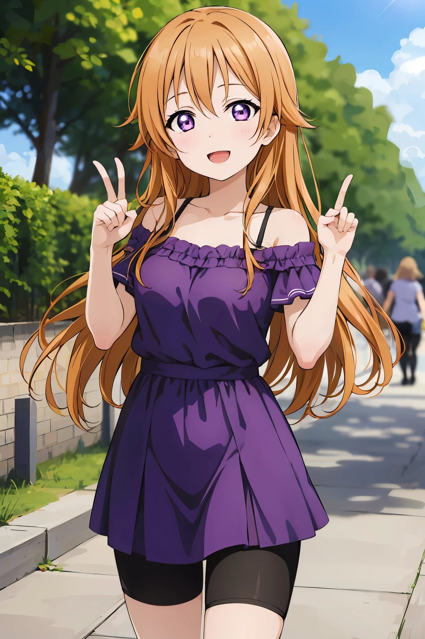 (best quality, masterpiece:1.2), (1girl, solo:1.2), cute, smile,  detailed background, (looking at viewer, solo focus:1.2), light on face, sky, blue sky, cowboy shot, sunlight, lens flare, depth of field, scenery, open mouth,
Kanata konoe, long hair, purple eyes, blonde hair, straight hair, off shoulder, purple dress, strap dress, short sleeves, bike shorts, black bike shorts, standing, two peace sign,