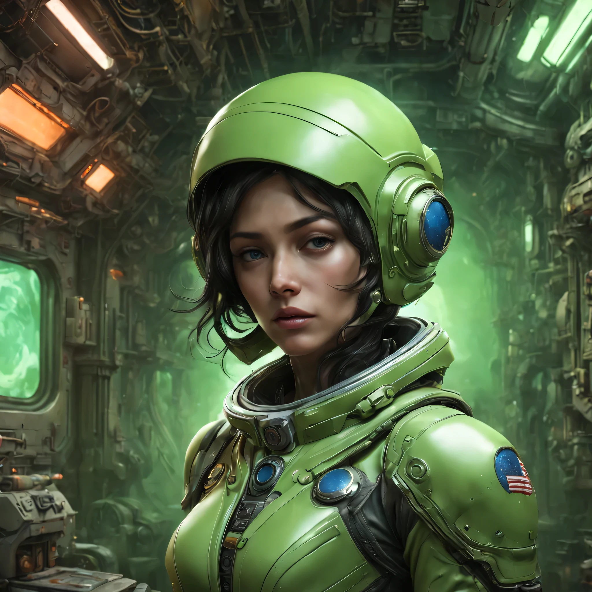 Mujer con ropa informal, Camisa blanca informal, vaqueros casuales, Si tienes un casco de astronauta cerrado y no tienes cara, detalles perfectos, 16k, Motor irreal 5, ultra sharp focus, intrincado, siniestro, Epic Art Masterpiece, TanviRTamim, art station trend, haciendo: germen de arte, h. R. giger y beksinski, muy detallado, dynamic, Todos los fondos de estilo de pantalla verde
