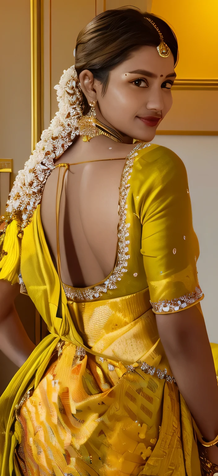 a woman in a yellow sari with a flower in her hair, showing her shoulder from back, very beautiful enga style, yellow details, backview, with yellow cloths, lady using yellow dress, back - view, back view also, details galore, with intricate details, back pose, golden details!, exposed back, yellow clothes, with yellow flowers around it