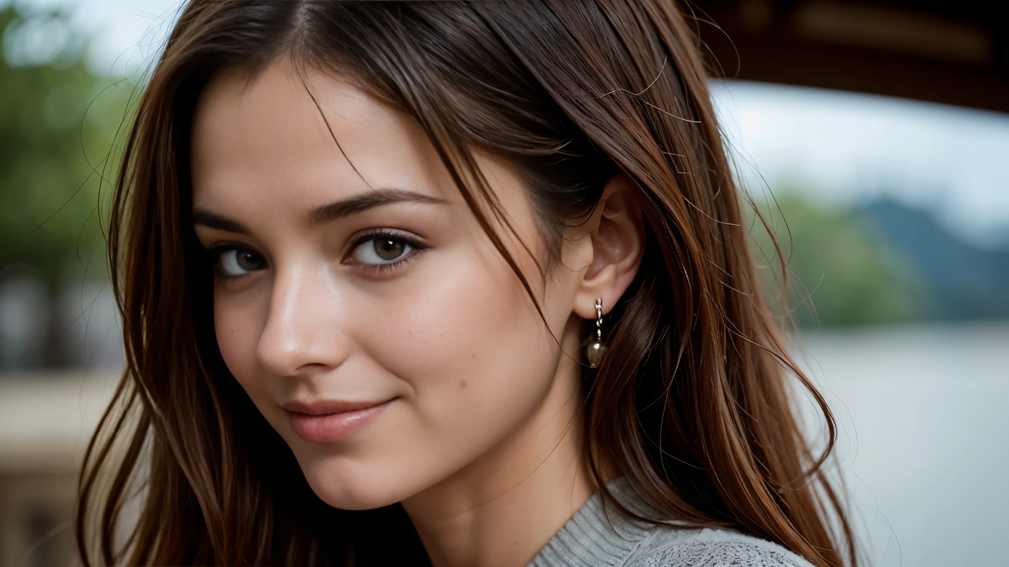 masterpiece, Best Quality, Photorealistic, Ultra-detailed, finely detailed, High resolution, 8K Wallpaper, 1 beautiful woman, light brown hair, Perfect dynamic composition, Beautiful detailed eyes, detailed hairs, Detailed realistic skin texture, Smiling, portrait, Model body type, The background is the village of Grindelwald, Switzerland,