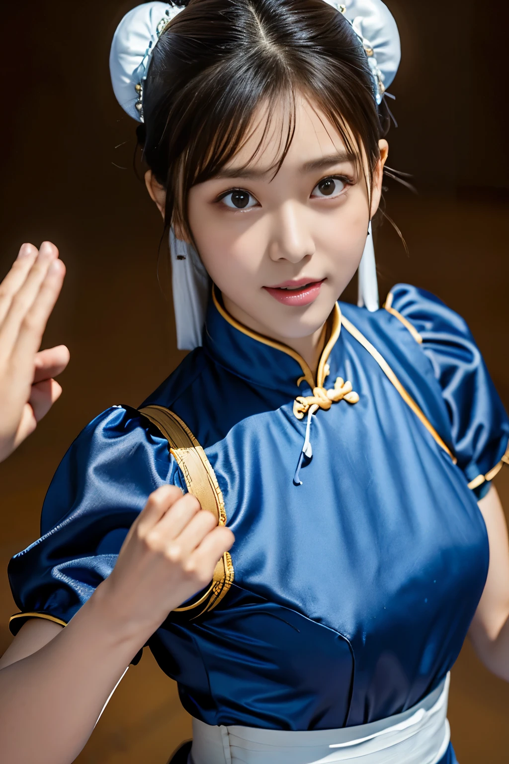 Chun-Li from Street Fight II,perfect chun li costume,Blue cheongsam with gold lines,Bun head,bun cover,fighting pose,masterpiece、1 beautiful girl、fine eyes、puffy eyes、highest quality, 超High resolution, (reality: 1.4), movie lighting、Japanese、asian beauty、Korean、super beautiful、beautiful skin、body facing forward、close up of face、(超reality的な)、(High resolution)、(8k)、(very detailed)、(美しくfine eyes)、(Super detailed)、 (wall-)、detailed face、bright lighting、professional lighting、looking at the viewer、look straight ahead、slanted bangs、Nogizaka Idol、korean idol、masterpiece, highest quality, masterpiece, highest quality, perfect face, perfect brown eyes with white sclera, bad move-5, alone, 1 girl, Upper body, brown hair, From SF2, Chinese service, smile, muscular woman, blue clothes, pantyhose, pelvic curtain, Puffy short sleeves, Good cover, sash, evaluation:safety