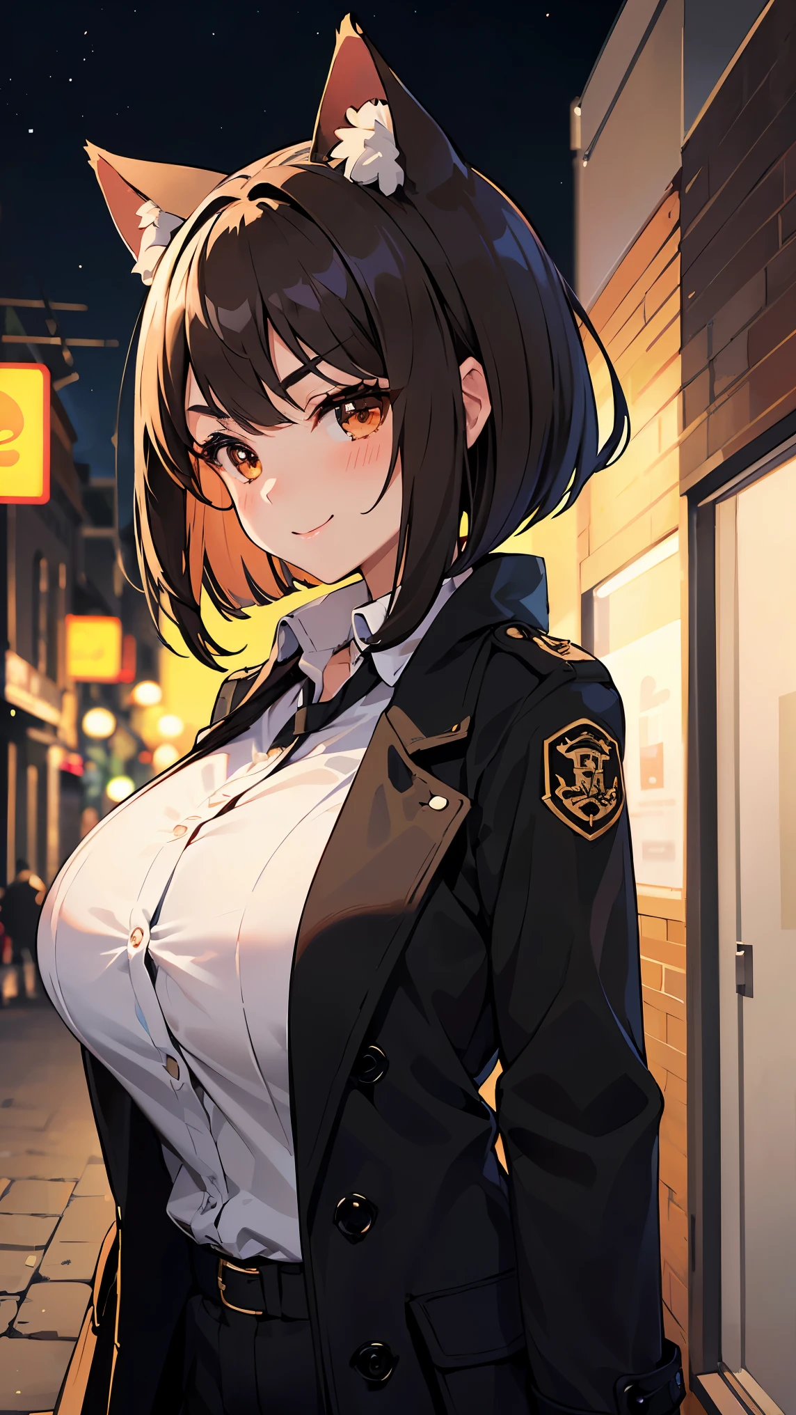 1girl, v-shaped eyebrows, smile, (mature:1.2, blush:1.1, wild bob haircut:1.2), black hair, brown eyes, cat ears, gigantic breast, wallpaper, landscape, depth of field, night, in a town, light particles, light rays, sidelighting, black agent uniform, (brown coat, open coat:1.3)