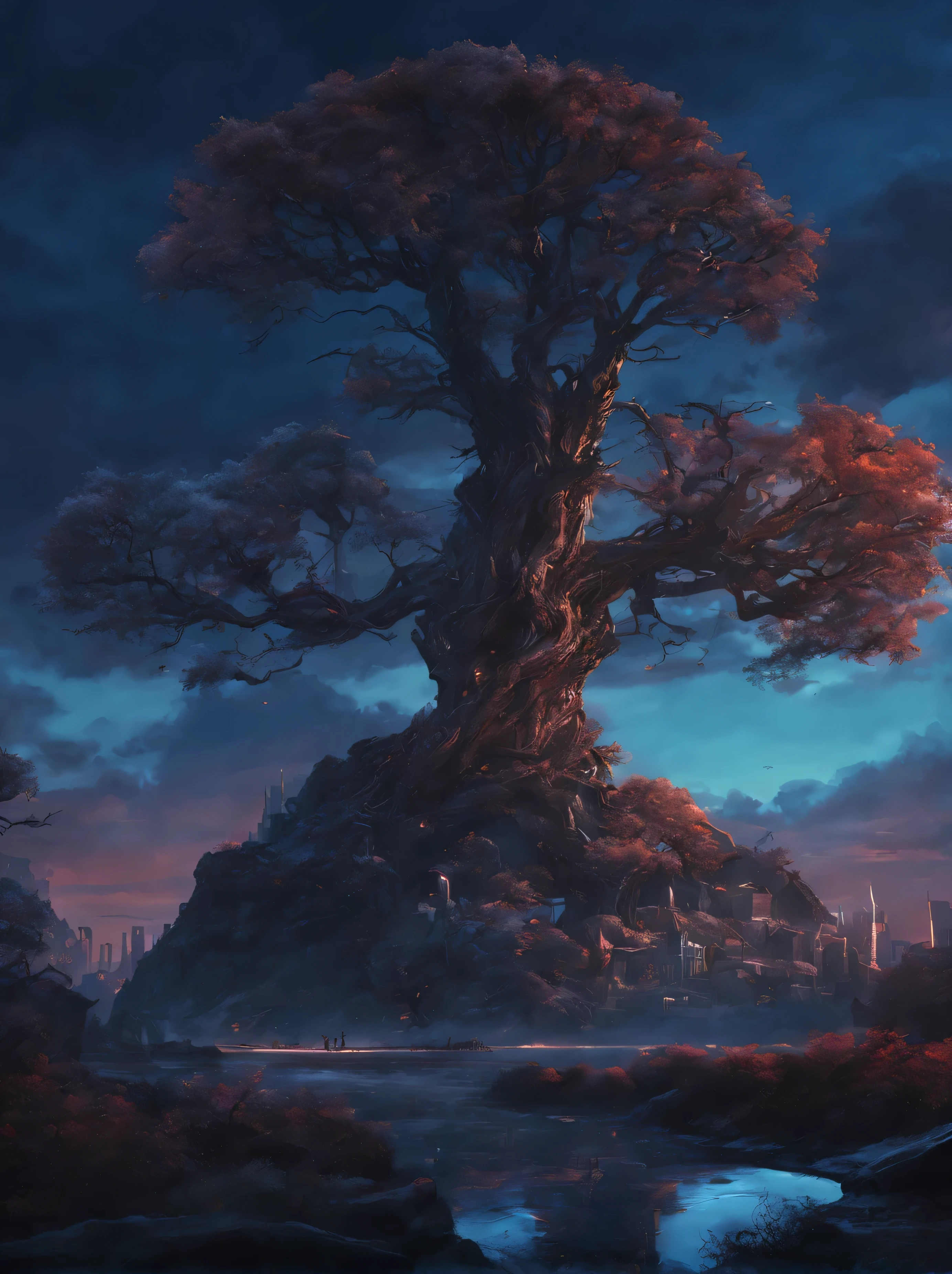 (Masterpiece)), ((Best quality)), 8K, HD, Super detail, modern city, devil may cry 5, The clip, tall stone tree, night time, cold blue sky, fantasy, very detailed, digital painting, trending on ArtStation, conceptual art, Illustration, 