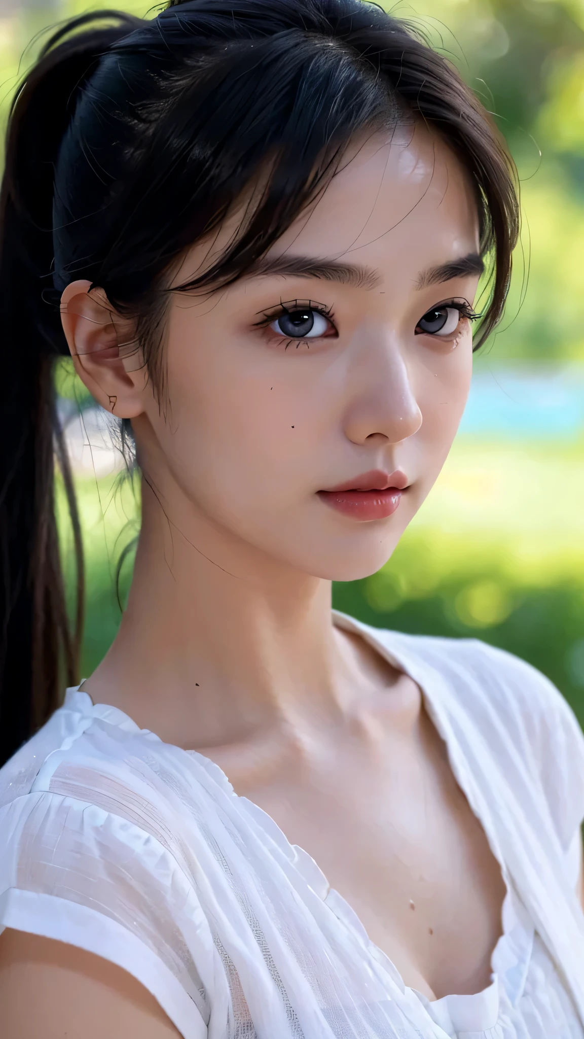 One woman,fully body photo,masutepiece, The highest image quality, High quality, the background is clear,Beautiful woman, Japanese, Detailed, Detailed eyes, Detailed skin, Beautiful skin, 超hight resolution, (reality: 1.4),Very beautiful woman, Slightly younger face, Beautiful skin, slender, (Ultra photo realsisim), (hight resolution), (8K), (Very detailed) (beautifully detailed eyes), (super detailed), (Detailed face), view the viewer, Fine details, Detailed face, Staring straight ahead, Staring straight ahead, photos realistic, Bright lighting, Professional Lighting, Black hair,poneyTail,a baby face,sixteen years old,Hairstyle is ponytail,long ponytail hairstyle,slight smile,South Island Resorts,sandy beach,