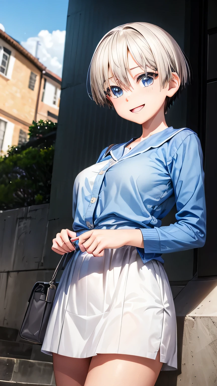 High resolution, ultra detail, (((((2D))), 1 girl, designer uniform, very short hair, finely detailed eyes, golden ratio face, 8 life, sunlight, complex light reflection, background blue sky, transparency, hidden beauty, smile, Deep depiction, whole body, full of energy, looking at the viewer, fantastic depiction, complex attraction, tenderness overflowing from within,