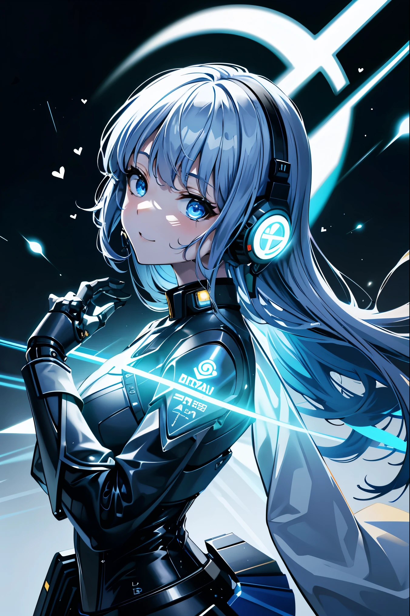 cityscape, NSFW, (Face of love, I&#39;m so happy:1.5), (mecha musume, cyborg girl), teen, stylish angle, stylish pose, (headphone, mechanical fuselage, mechanical clothing), looking at the viewer, bangs cut off, blue mini skirt, plastic corset, Beautiful light effect, caution decal, glowing skin, Furisode, removable long sleeves, very wide sleeve, (corporate logotype:1.5), 

