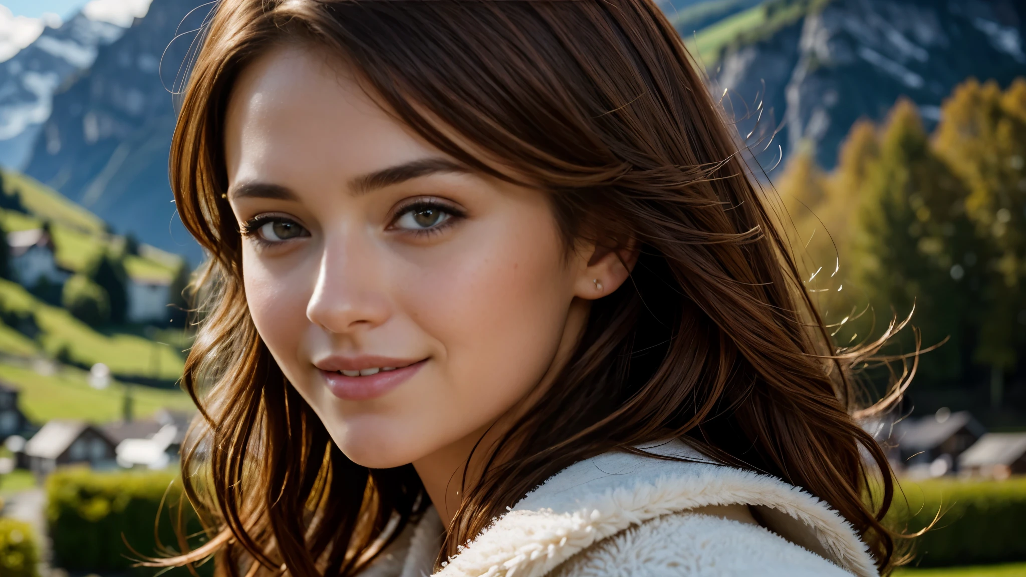 masterpiece, Best Quality, Photorealistic, Ultra-detailed, finely detailed, High resolution, 8K Wallpaper, 1 beautiful woman, light brown hair, Perfect dynamic composition, Beautiful detailed eyes, detailed hairs, Detailed realistic skin texture, Smiling, portrait, Model body type, The background is the village of Grindelwald, Switzerland,