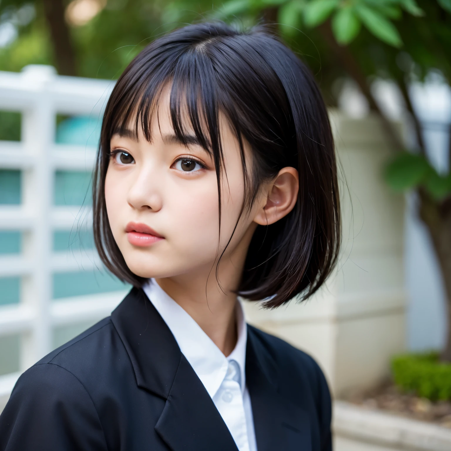 Best-quality, Masterpiece, Ultra-High-Resolution, (Photorealistic:1.4), Raw-Photo, 1girl, 15-years-old, the most popular Japanese idol, (((wearing high-school-uniform))), (((extremely beautiful face like the most famous Japanese actress))), (((extremely beautiful big-black-eyes))), (((extremely beautiful black-short-cut-haired))), extremely beautiful skins, extremely beautiful long-eyelashes, extremely beautiful lips