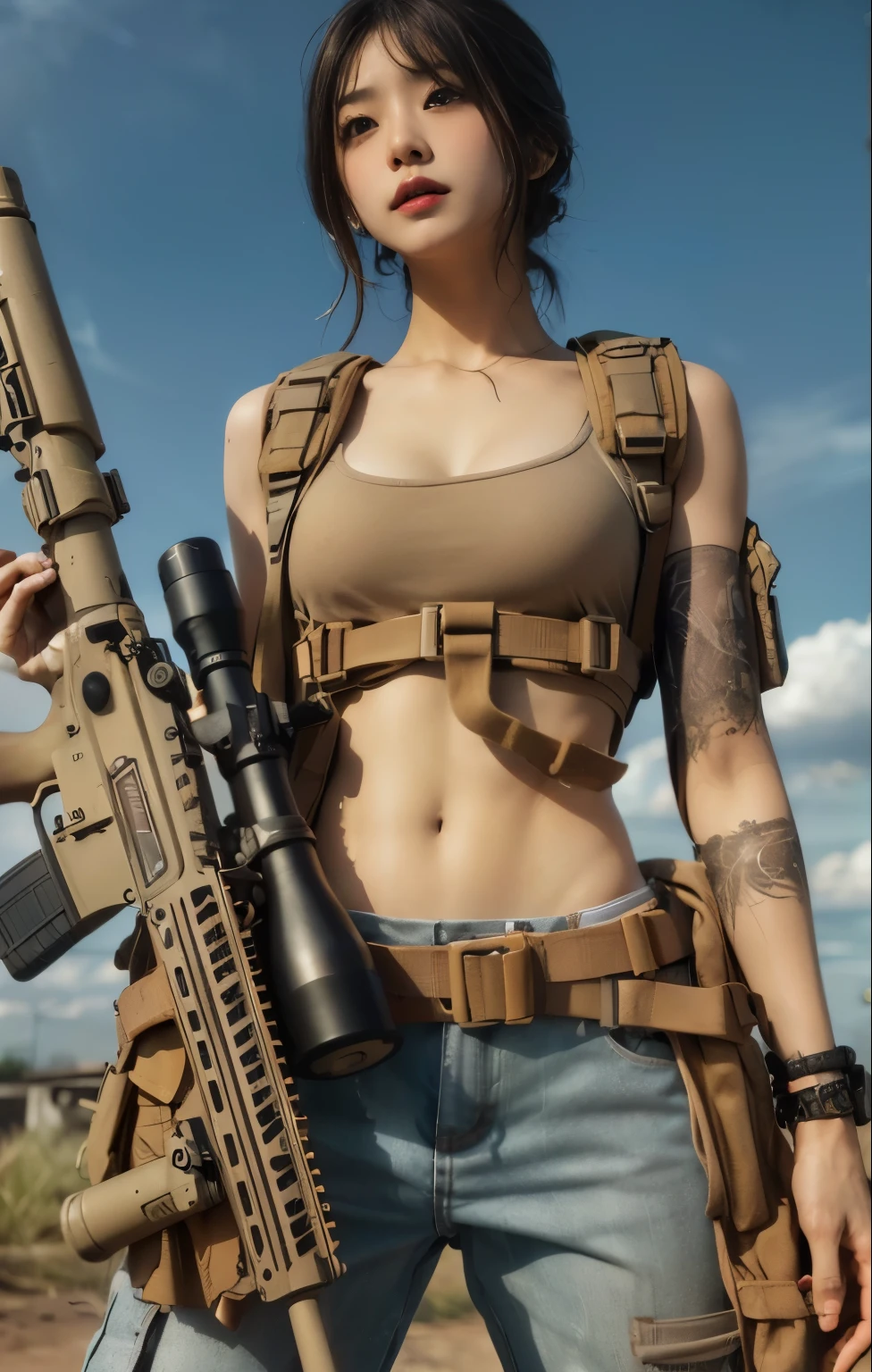 Beautiful Japanese women in the US military、I'Iは廃品置き場にいる、Holding an automatic rifle and looking nervous、Accurate automatic rifle details、bulletproof vest、Backpack、Detailed depiction of the Hulk holding an automatic rifle in a post-apocalyptic setting. Notice Hulk's realistic skin texture。, Capture every subtle detail. The scene should be grainy, Debris and impurities are scattered around. Colors must be vibrant, In contrast to the desolate background. lighting must be intense, Cast dramatic shadows and highlights on the Hulk and his surrounding environment. Images should be of the highest quality, High resolution and photorealistic rendering.
