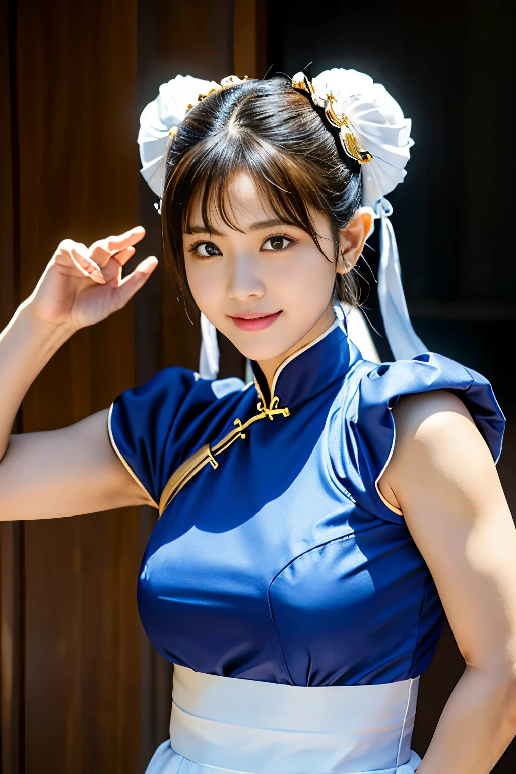 Chun-Li from Street Fight II,perfect chun li costume,Blue cheongsam with gold lines,Bun head,bun cover,fighting pose,masterpiece、1 beautiful girl、fine eyes、puffy eyes、highest quality, 超High resolution, (reality: 1.4), movie lighting、Japanese、asian beauty、Korean、super beautiful、beautiful skin、body facing forward、close up of face、(超reality的な)、(High resolution)、(8k)、(very detailed)、(美しくfine eyes)、(Super detailed)、 (wall-)、detailed face、bright lighting、professional lighting、looking at the viewer、look straight ahead、slanted bangs、Nogizaka Idol、korean idol、masterpiece, highest quality, masterpiece, highest quality, perfect face, perfect brown eyes with white sclera, bad move-5, alone, 1 girl, Upper body, brown hair, From SF2, Chinese service, smile, muscular woman, blue clothes, pantyhose, pelvic curtain, Puffy short sleeves, Good cover, sash, evaluation:safety