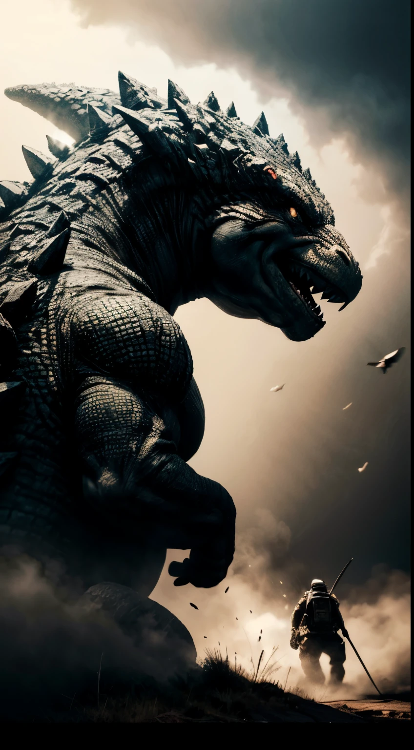 Monochrome image, Godzilla trampling a train, sepia color,More Detail,