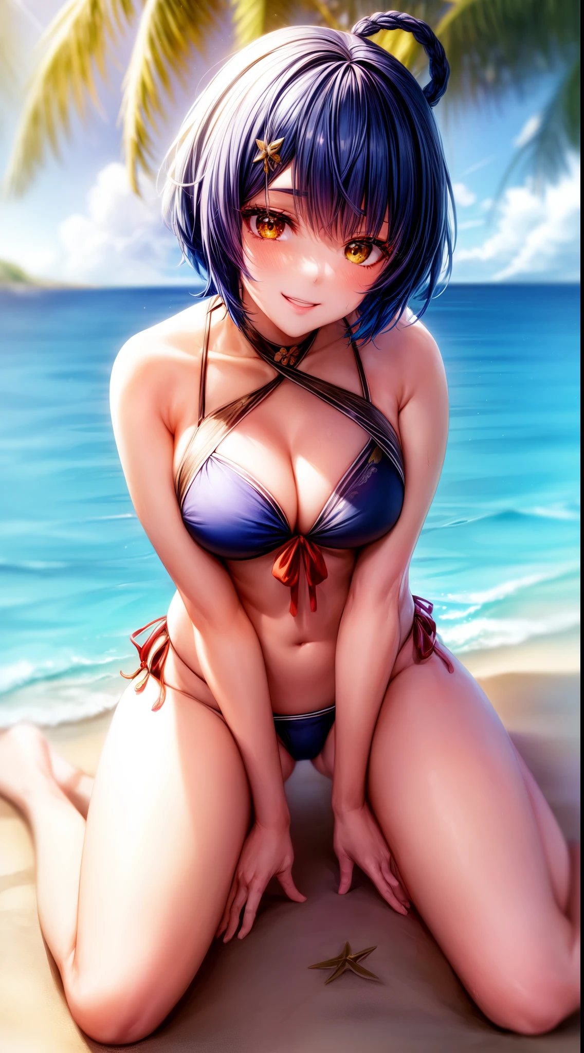 anime, beautiful face, highly detailed face, (2 accurate legs:1), yellow detailed eye, highly detailed beach background, perfect lighting, (perfect hands:1.2), best lighting, (perfect body lighting:1.3), 1girl, solo, outdoors, genshin impact, xiangling, (beautiful blue hair:1.2), hair ornament, absurdres, high res, ultrasharp, 8K, masterpiece, (looking at viewer:1.2), cheesy smile, facial expressions full of love, BREAK (detailed sexy beach bikini:1.3), (sexy pose:1.3), elegantly sitting down in the shallow beach water