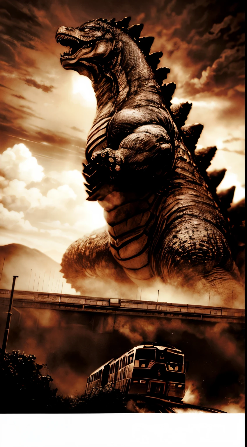 Monochrome image, Godzilla trampling a train, sepia color,More Detail,