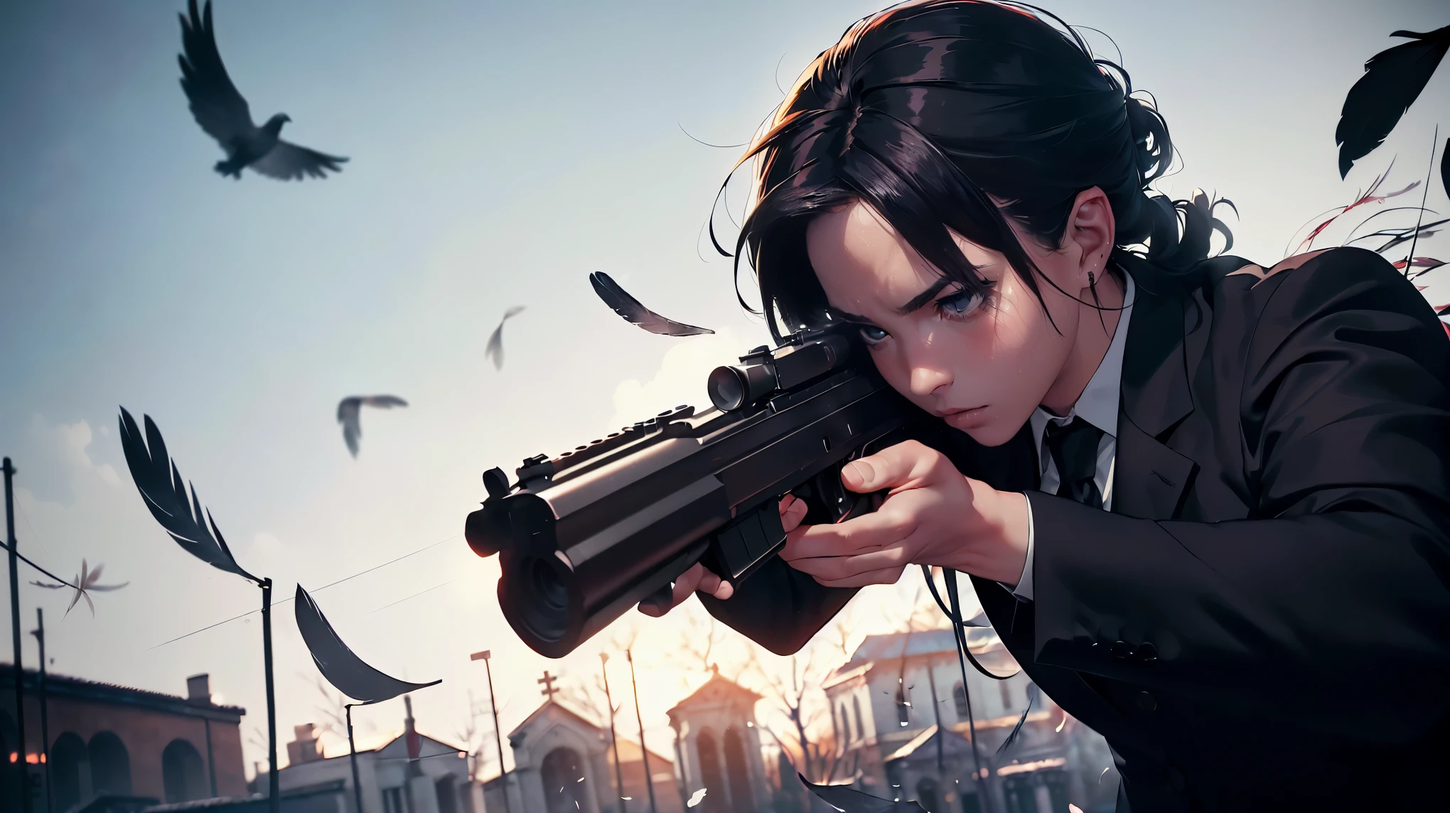 (8K, RAW photo, 最high quality, masterpiece:1.2), High-definition RAW color photo, Professional photography, cinematic light, movie scene, (((A man in a black suit pointing a gun))), Film Noir, poet of violence, ((Homage to director John Woo&#39;s work:1.1)), 2 pistol action, Heavily influenced by martial arts, Horrible violent action in church, ((empty church)), Intense and suspenseful atmosphere, subdued lighting, (((White feathers fluttering in the air, background bokeh))), Shell casings and smoke floating in the air, spinning shot, Rotate your body and fire a gun, ((Bold composition and action, pleasure of images:1.5)), Background of an empty church, church with pigeons, film grain, background bokeh, (((perfect fingers, five fingers, anatomically correct))), background bokeh, high quality, bright colors, ((award winning photography, Realistic light and shadow with attention to detail)), Immersive 3D rendering, Professional 3D artistry,