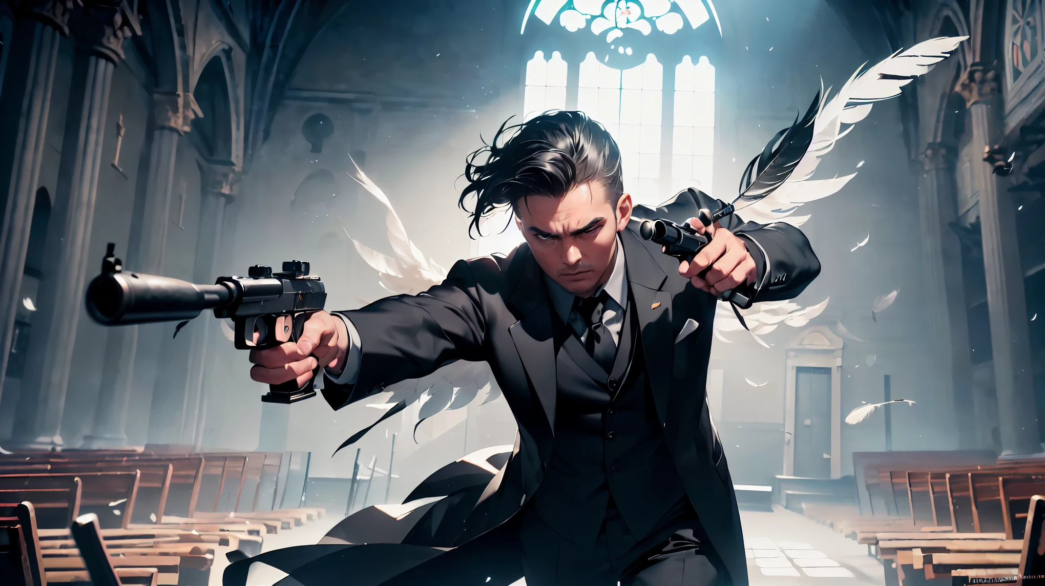 (8K, RAW photo, 最high quality, masterpiece:1.2), High-definition RAW color photo, Professional photography, cinematic light, movie scene, (((A man in a black suit pointing a gun))), Film Noir, poet of violence, ((Homage to director John Woo's work:1.1)), 2 pistol action, Heavily influenced by martial arts, Horrible violent action in church, ((empty church)), Intense and suspenseful atmosphere, subdued lighting, (((White feathers fluttering in the air, background bokeh))), Shell casings and smoke floating in the air, spinning shot, Rotate your body and fire a gun, ((Bold composition and action, pleasure of images:1.5)), Background of an empty church, church with pigeons, film grain, background bokeh, (((perfect fingers, five fingers, anatomically correct))), background bokeh, high quality, bright colors, ((award winning photography, Realistic light and shadow with attention to detail)), Immersive 3D rendering, Professional 3D artistry,