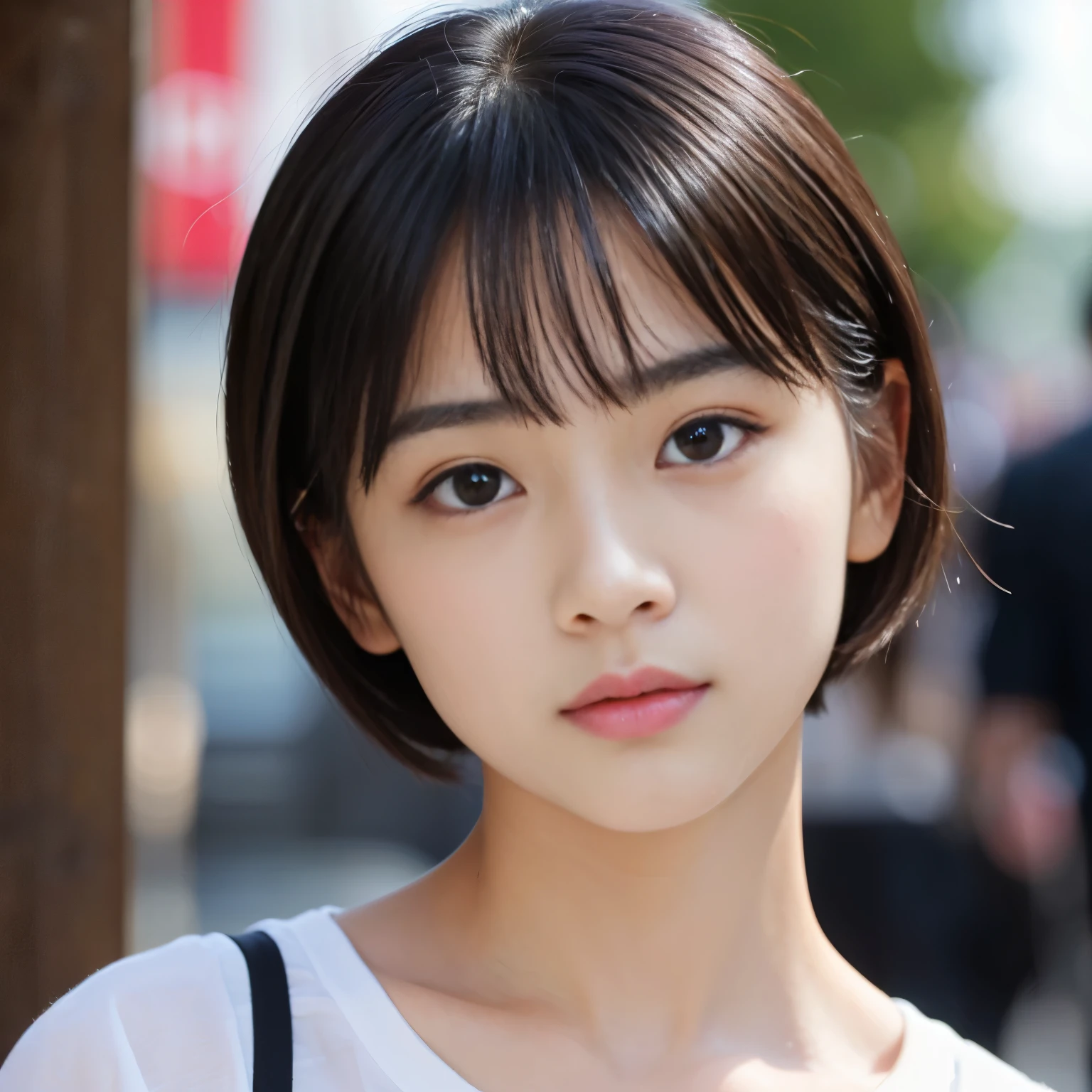 Best-quality, Masterpiece, Ultra-High-Resolution, (Photorealistic:1.4), Raw-Photo, 1girl, 15-years-old, the most popular Japanese idol, (((wearing T-shirt))), (((extremely beautiful face like the most famous Japanese actress))), (((extremely beautiful big-black-eyes))), (((extremely beautiful black-short-cut-haired))), extremely beautiful skins, extremely beautiful long-eyelashes, extremely beautiful lips