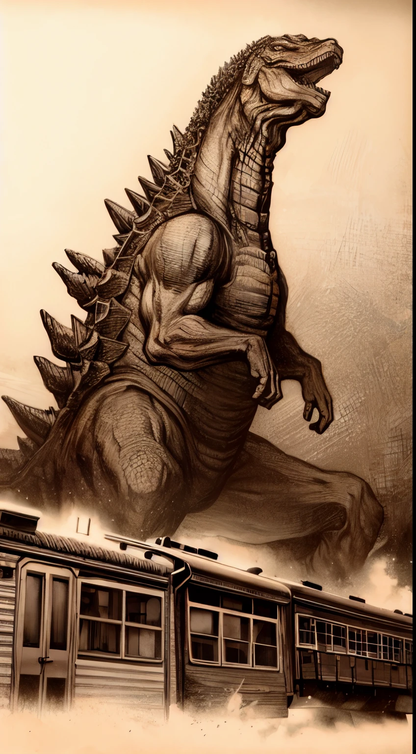 Monochrome image, Godzilla trampling a train, sepia color,More Detail,