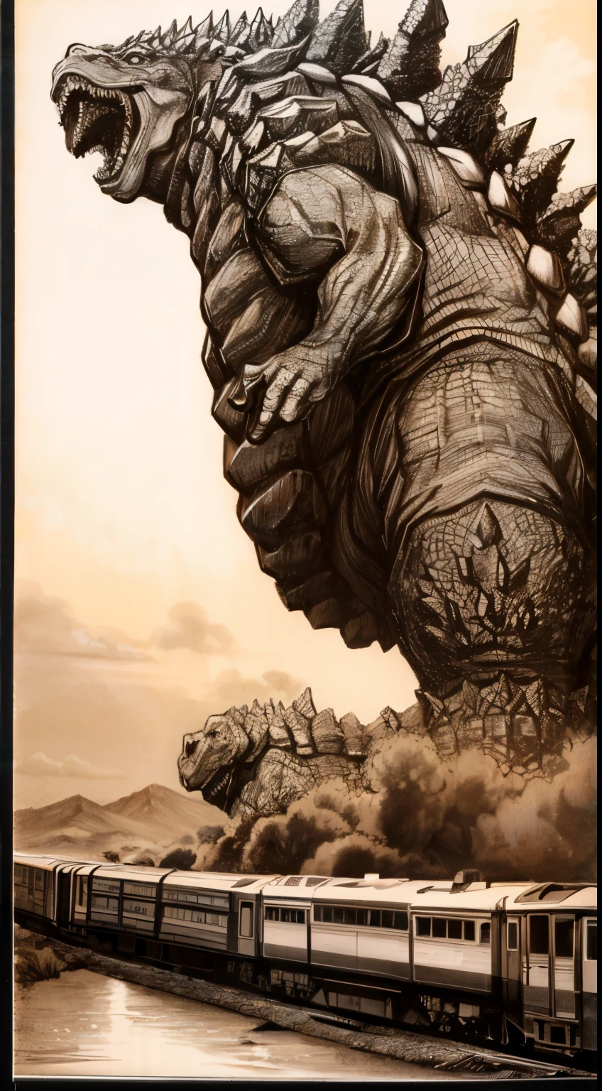Monochrome image, Godzilla trampling a train, sepia color,More Detail,