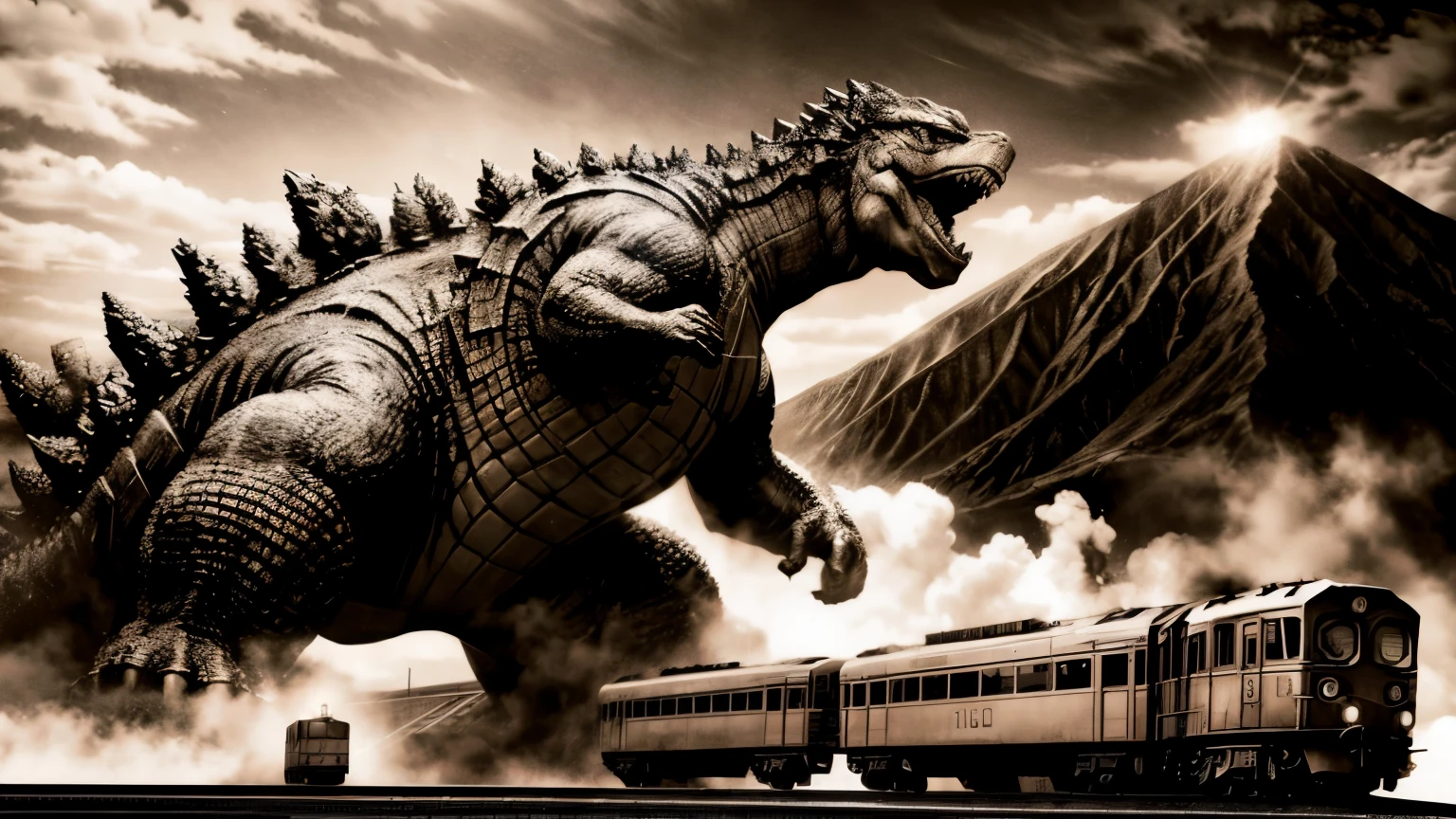 Monochrome image, Godzilla trampling a train, sepia color,More Detail,