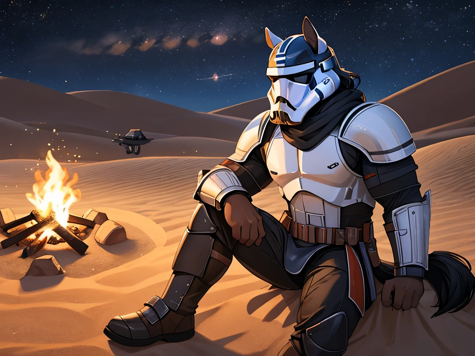 solo, (horse), anthro, male, anthro equine, muscles, handsome, armor, outdoors, outside, full body picture of an anthro equine in stormtrooper special forces armor with his helmet removed sitting near the campfire in the desert, campfire, desert, sand, night, moonlight, star wars, helmet removed, 1boy, no helmet, Secluded, epic, depth of field, perfect lighting, (light particles),(best quality),(masterpiece),(ultra detailed), sharp focus, light particles, detailed eyes, solo, furry,