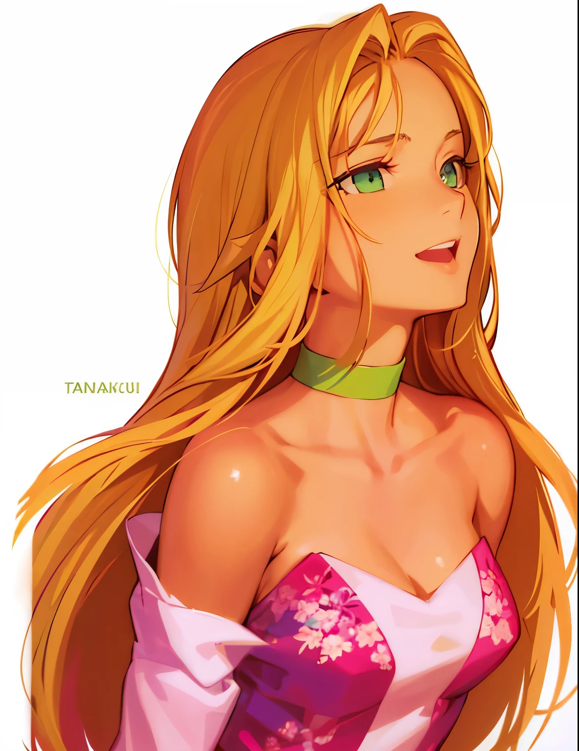 takeuchi takashi, green eyes, green choker with pink flower 

\(fate\), 
1girl, ((masterpiece))
