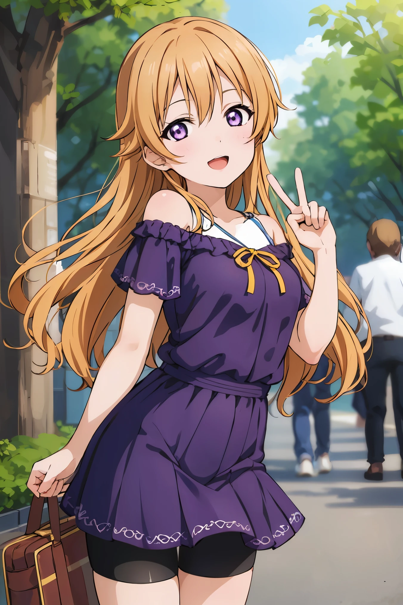 (best quality, masterpiece:1.2), (1girl, solo:1.2), cute, smile,  detailed background, (looking at viewer, solo focus:1.2), light on face, sky, blue sky, cowboy shot, sunlight, lens flare, depth of field, scenery, open mouth,
Kanata konoe, long hair, purple eyes, blonde hair, straight hair, off shoulder, purple dress, strap dress, short sleeves, bike shorts, black bike shorts, standing, two peace sign,