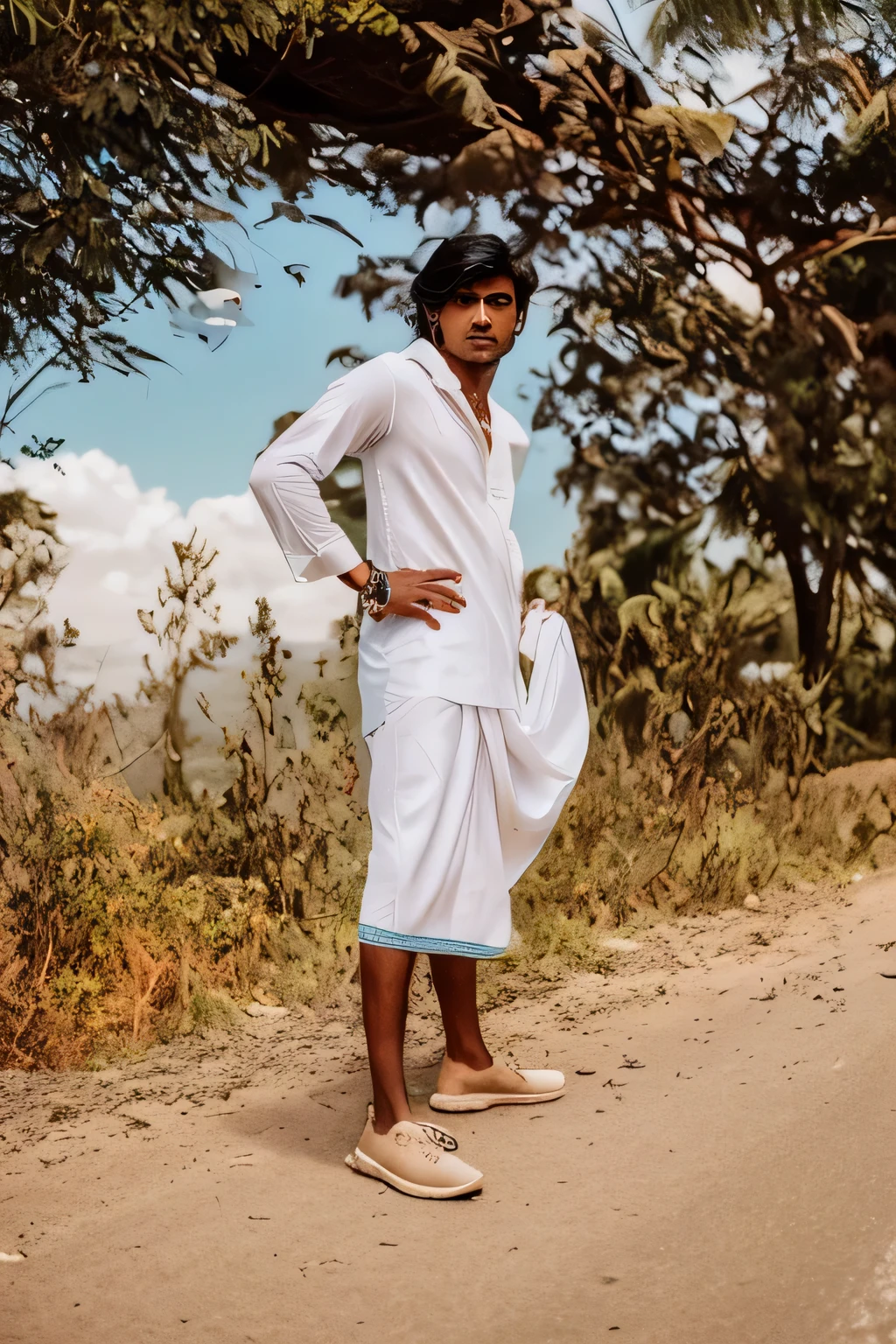 there is a man standing on the side of the road with his hands on his hips, dressed with long fluent clothes, jayison devadas style, standing in road, vastayan, wearing white cloths, distant full body view, jayison devadas, white loincloth, with village, ayan nag, stylish pose, still from a movie, with fluent cloths