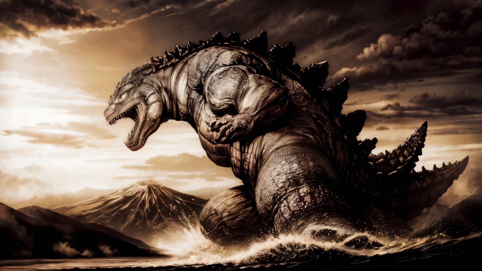 Monochrome image, Godzilla trampling a train, sepia color,More Detail,