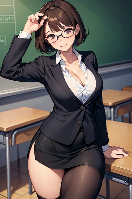 (masterpiece), best quality, expressive eyes, perfect face, 1woman, solo, mature woman, ((business suit)), jacket, pencil skirt, mini skirt, stockings, black panties, glasses, brown hair, short hair, large breast, large , cleavage, thighs, full body, smile, ((turn up the skirt)), look back, from behind, low view, classroom,