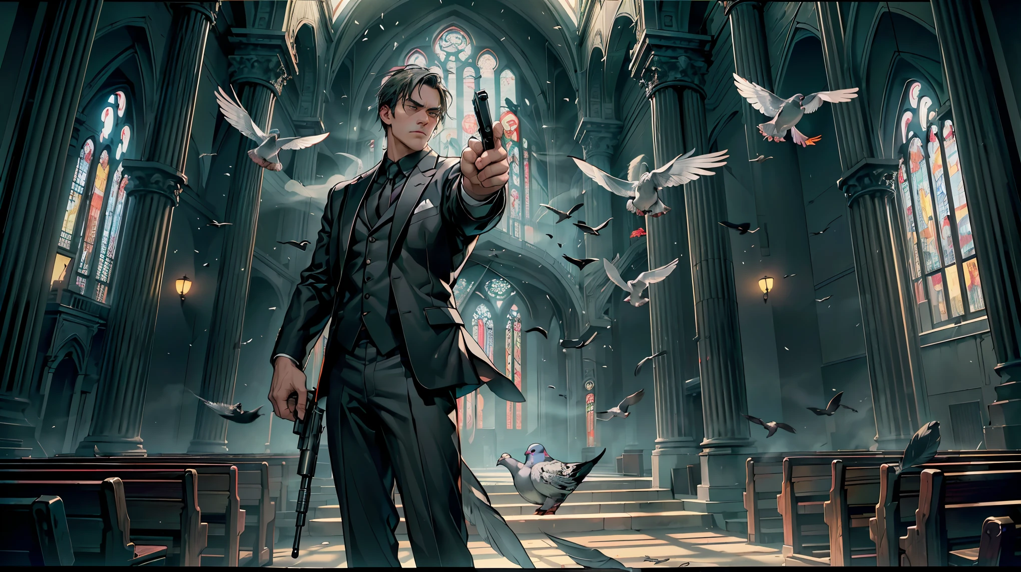 (8K, RAW photo, 最high quality, masterpiece:1.2), High-definition RAW color photo, Professional photography, cinematic light, movie scene, (((A man in a black suit pointing a gun))), Film Noir, poet of violence, ((Homage to director John Woo&#39;s work:1.1)), 2 pistol action, Heavily influenced by martial arts, Horrible violent action in church, ((empty church)), Intense and suspenseful atmosphere, subdued lighting, (((White feathers fluttering in the air, background bokeh))), Shell casings and smoke floating in the air, spinning shot, Rotate your body and fire a gun, ((Bold composition and action, pleasure of images:1.5)), Background of an empty church, church with pigeons, film grain, background bokeh, (((perfect fingers, five fingers, anatomically correct))), background bokeh, high quality, bright colors, ((award winning photography, Realistic light and shadow with attention to detail)), Immersive 3D rendering, Professional 3D artistry,