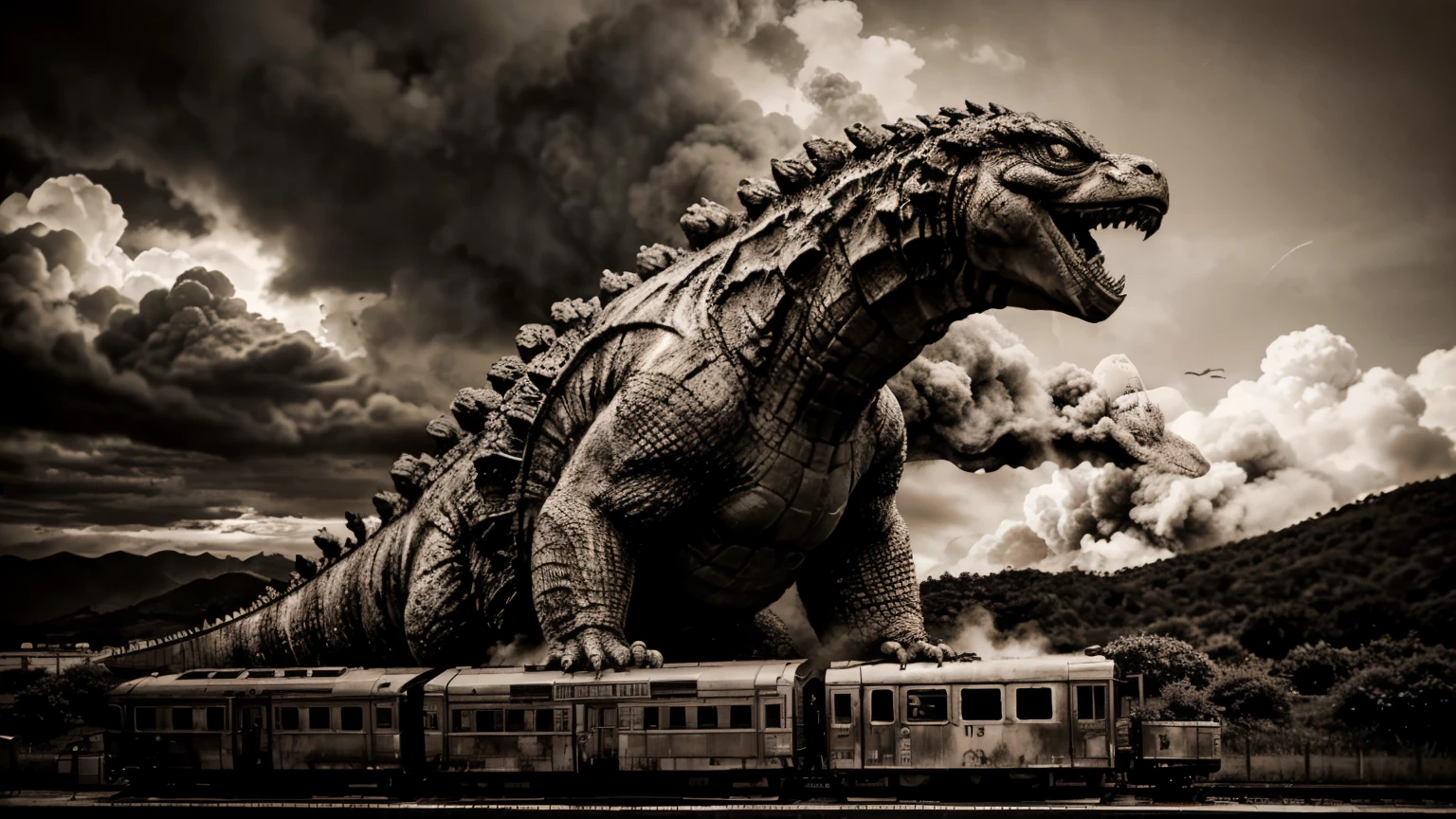 Monochrome image, Godzilla trampling a train, sepia color,More Detail,