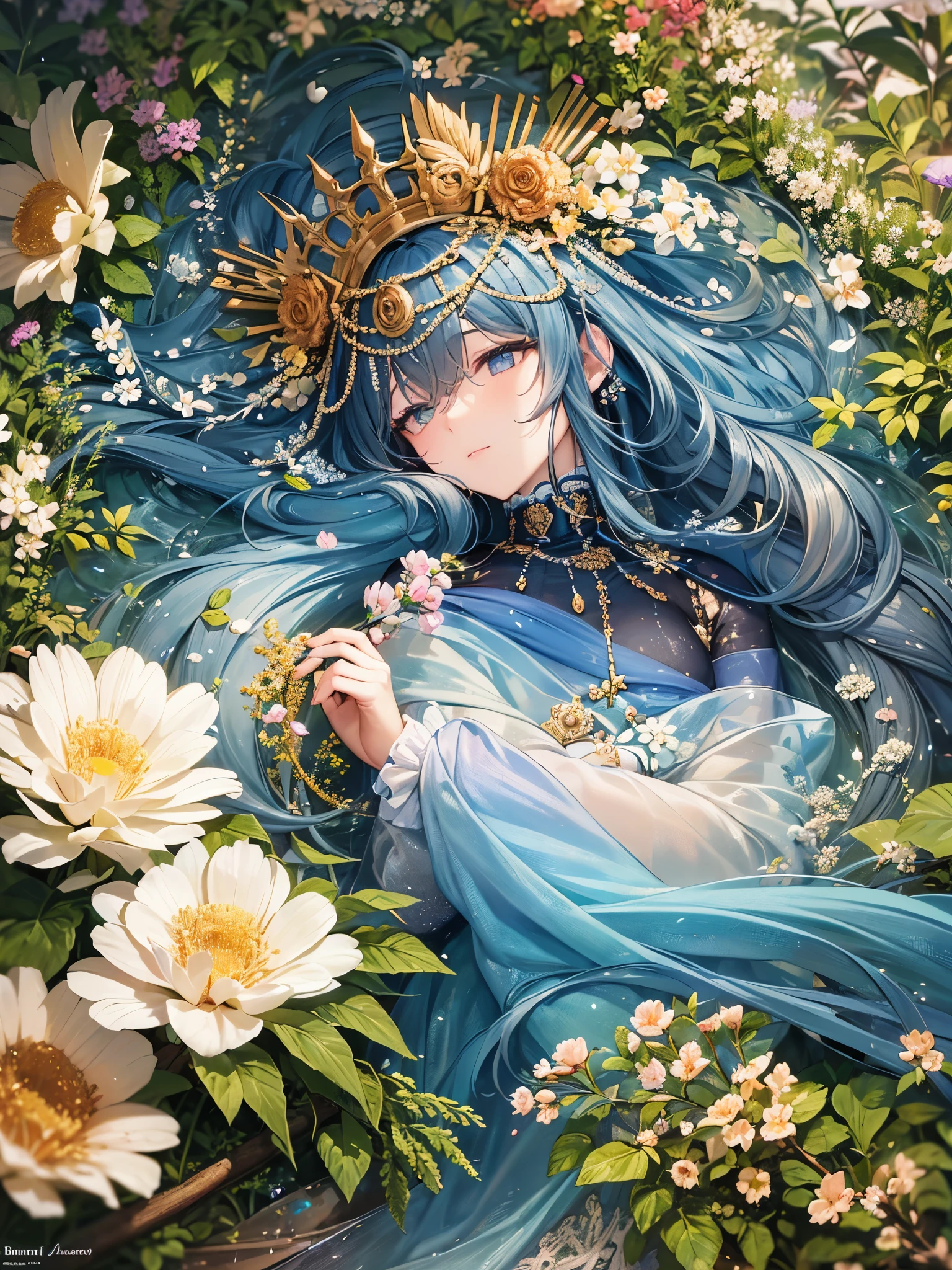 ((highest quality)),(ultra high resolution),(Super detailed),(detailed description),((best CG)),(best work of art),super precision art,amazing drawing art,(Fantasy art with precise details:1.5), Colorful flowers are blooming on the ground々birds gather。She is sleeping peacefully on a bed of flowers, surrounded by the soft and warm sunlight.。