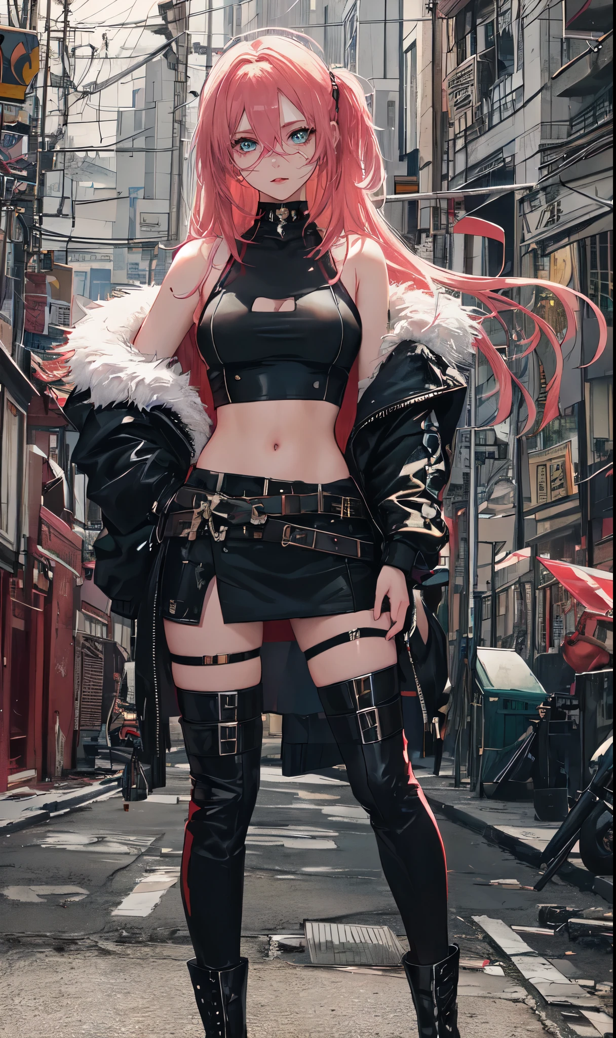 Abandoned winter industrial town background,(white straight hair,：2.0),(red hair end)issue card,Standing close-up,dream world,scars on face,(Slender blue phoenix eyes,pink lipstick,long eyelashes),Gloves,Short sword,choker,(Assassin&#39;s Tight Combat Suit,Torn and worn midriff-baring combat uniform,Leather miniskirt,leg rings,belt：2.0),fur tube top(choker),Over-the-knee high-heeled boots,strappy high heel boots,There are many straps on the legs,Detailed drawn background