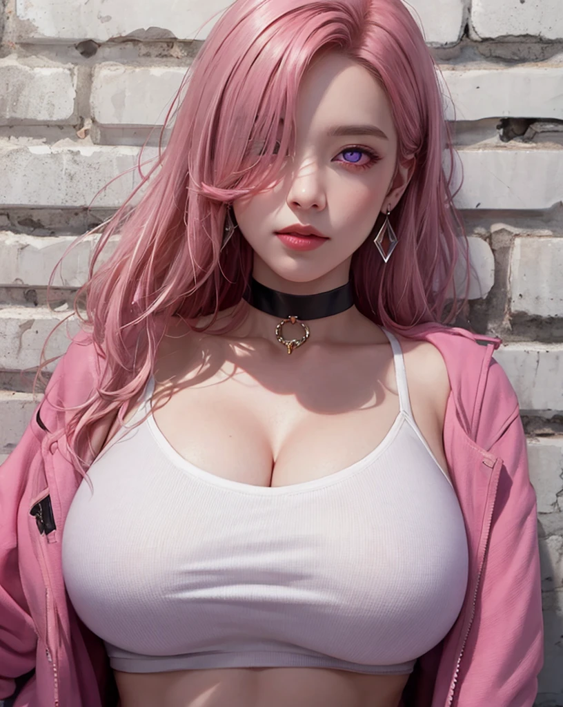 (masterpiece, best quality, 1girl, solo, intricate details, chromatic aberration), realistic,long hair, pink hair, red head ornament, pink highlights, hair over one eye,purple eyes, earrings, sharp eyes, choker, neon shirt, open jacket, crop top, (symmetry eyes),(perfect symmetrical body),against wall, brick wall, graffiti, dim lighting, alley ,look at viewer