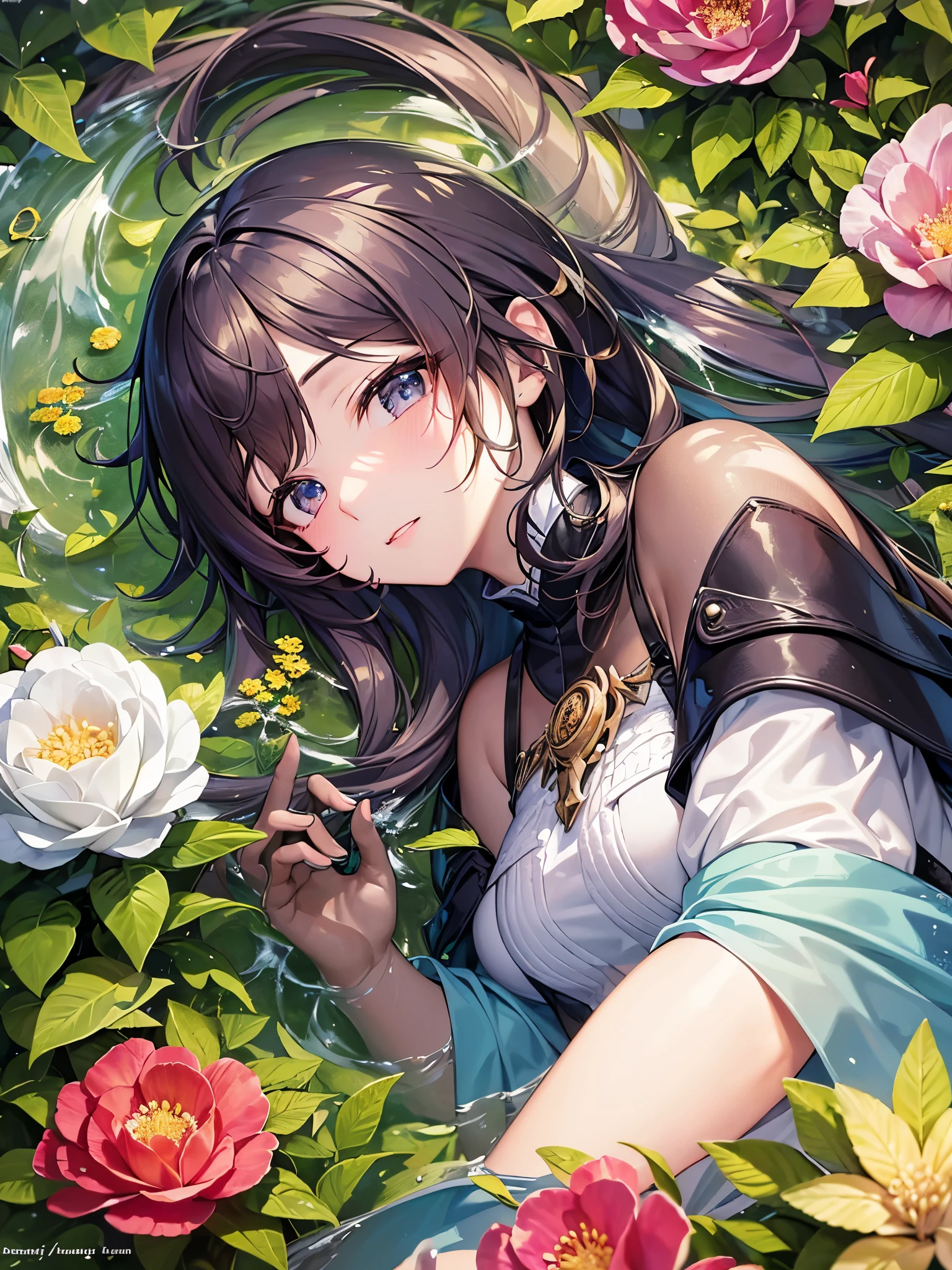 ((highest quality)),(ultra high resolution),(Super detailed),(detailed description),((best CG)),(best work of art),super precision art,amazing drawing art,(Fantasy art with precise details:1.5), Colorful flowers are blooming on the ground々birds gather。She is sleeping peacefully on a bed of flowers, surrounded by the soft and warm sunlight.。