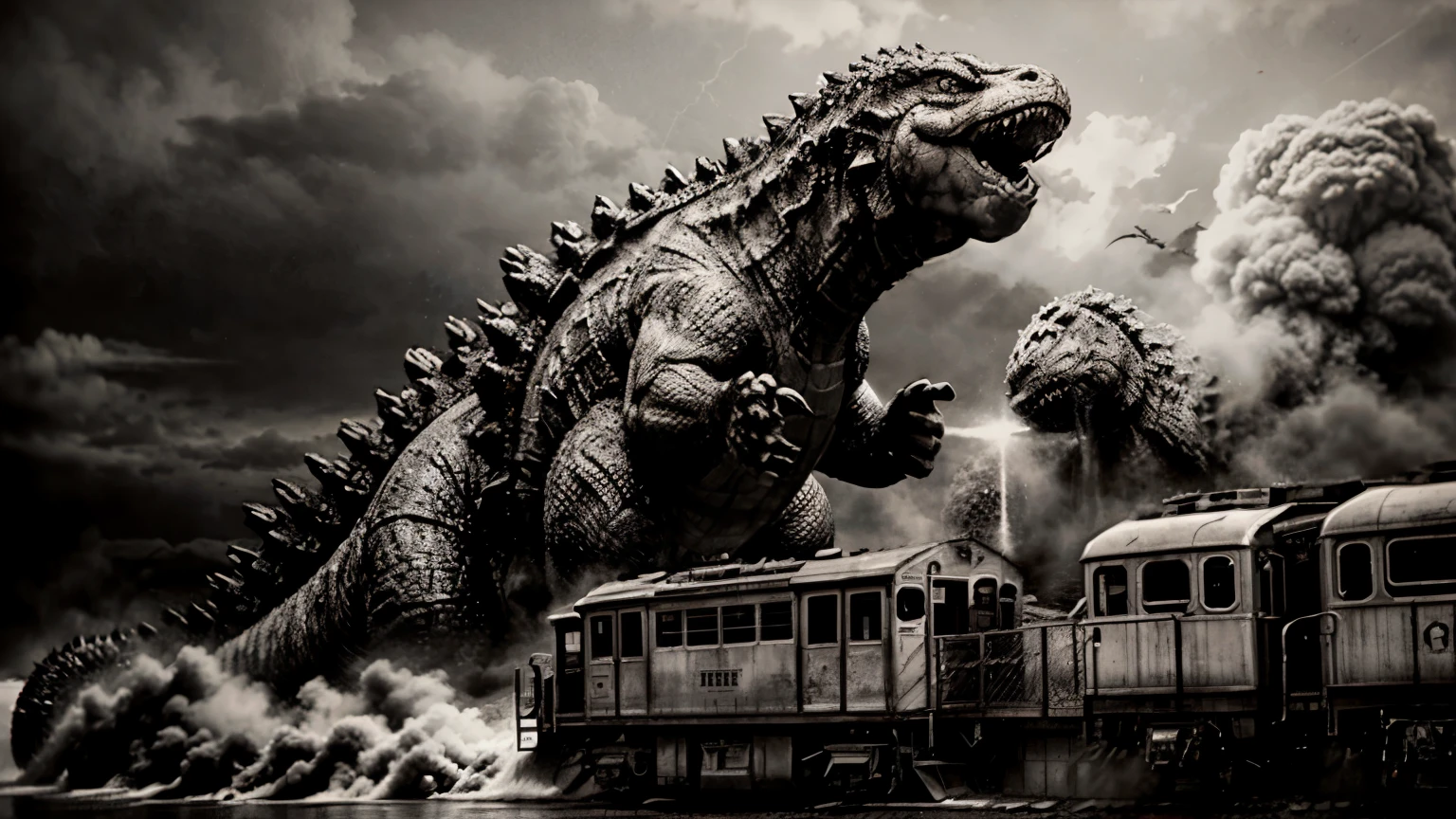 Monochrome image, Godzilla trampling a train, sepia color,More Detail,