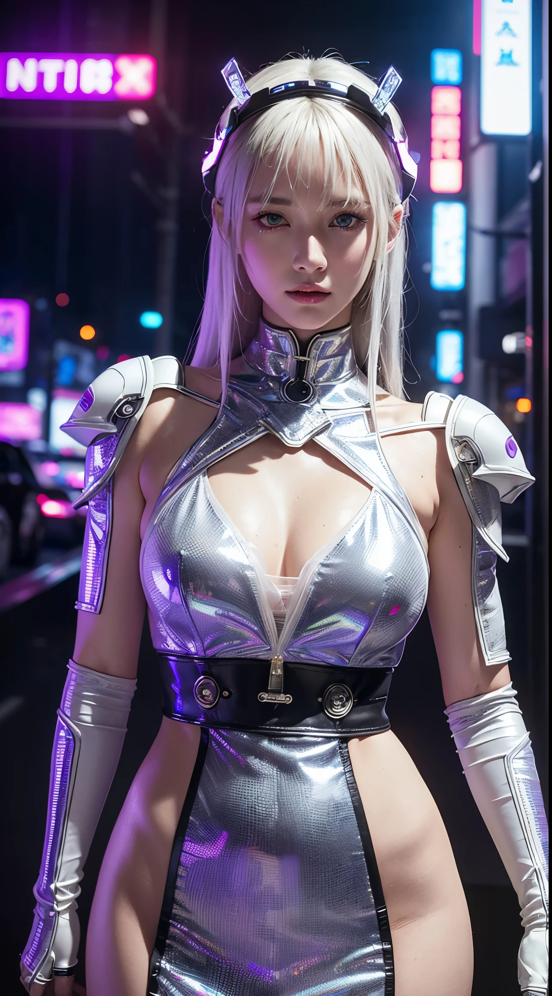 quality、tmasterpiece、ultra high resolution、(Realism:1.4)、RAW photos、white mecha、White porcelain body、Acrylic transparent cover、White hair、Skin glows、1 robot girl、((Ultra-realistic details))、Potrat、globalillumination、cellshading、Octagon rendering、8K、Super sharp、Character edge light,Original leather、Intricate decorative details、Aztec details、Hydraulic cylinder、Small LED light、highly intricate detail、True ray tracing、a purple eye、Radiant in front of the camera、neon light detail、Futuristic headgear、About cyberpunk、、