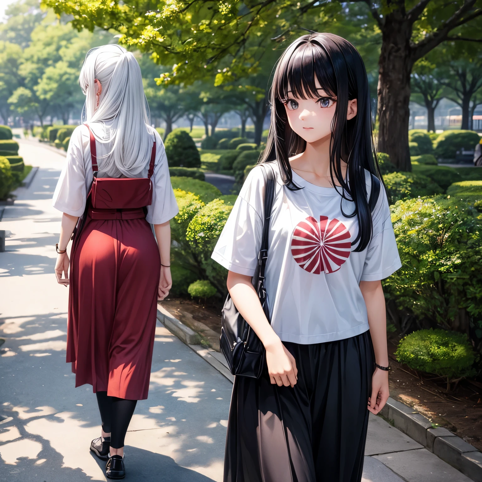 a black-haired high school teenager with white hair around her bangs who comes from Indonesia who is walking through a park in Japan