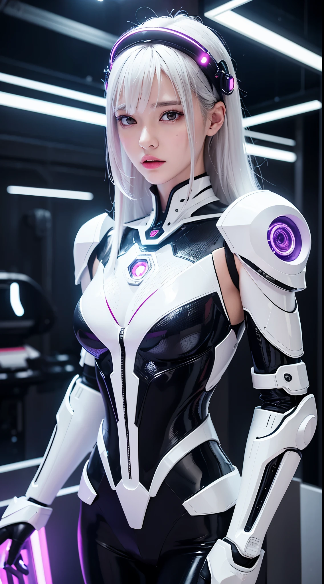 quality、tmasterpiece、ultra high resolution、(Realism:1.4)、RAW photos、white mecha、White porcelain body、Acrylic transparent cover、White hair、Skin glows、1 robot girl、((Ultra-realistic details))、Potrat、globalillumination、cellshading、Octagon rendering、8K、Super sharp、Character edge light，Original leather、Intricate decorative details、Aztec details、Hydraulic cylinder、Small LED light、highly intricate detail、True ray tracing、a purple eye、Radiant in front of the camera、neon light detail、Futuristic headgear、About cyberpunk、、