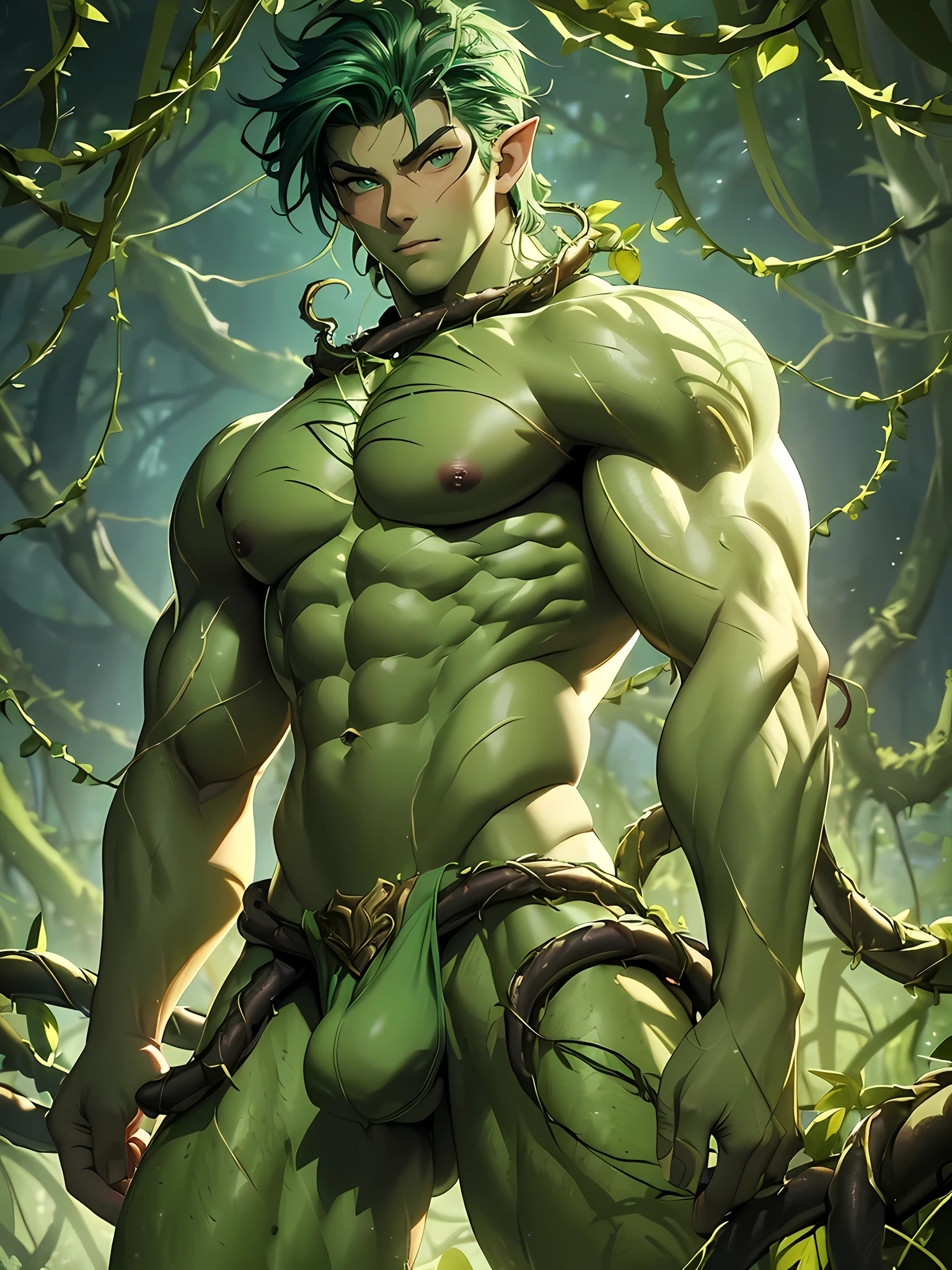 (((intricate design))) (((Top quality))) (((16K))) (((High Definition))) 16K splash art, dark shadows, (((photorealistic))) high-res, ultra sharp, ((masterpiece)), the best quality, expressive eyes, perfect face, Super eyes, perfectly detailed anatomy (((Volumetric lighting))) (((cinematic lights))) (((viewed from below))) (((1Male))) (((Bodybuilder))), (((muscular))), (((body blushing))) (((ripped pecs))) (((big bulge))) there is a sexy mature man with green paint on his body, shaved sides hairstyle, ((thighs)) ((seated)), bodily fluids, round butt, open legs, green coloured skin, bark skin, green skin! (((green coloured skin!!))), (((green skin))). (((green-skinned))), ((green skin with scales)), ((green skin)), grey stubble, windy, (((Mystical Forest background))), (((greenish skin))) plantation on the male body, windy, (((entangled in vines))) (((tentacles))) leaves falling (((a powerful nature deity))), elf ears, druid magic, cell-shaded adult animation, hot reptile muscular humanoid man, muscular green body. Hazel eyes, leaf clothing
