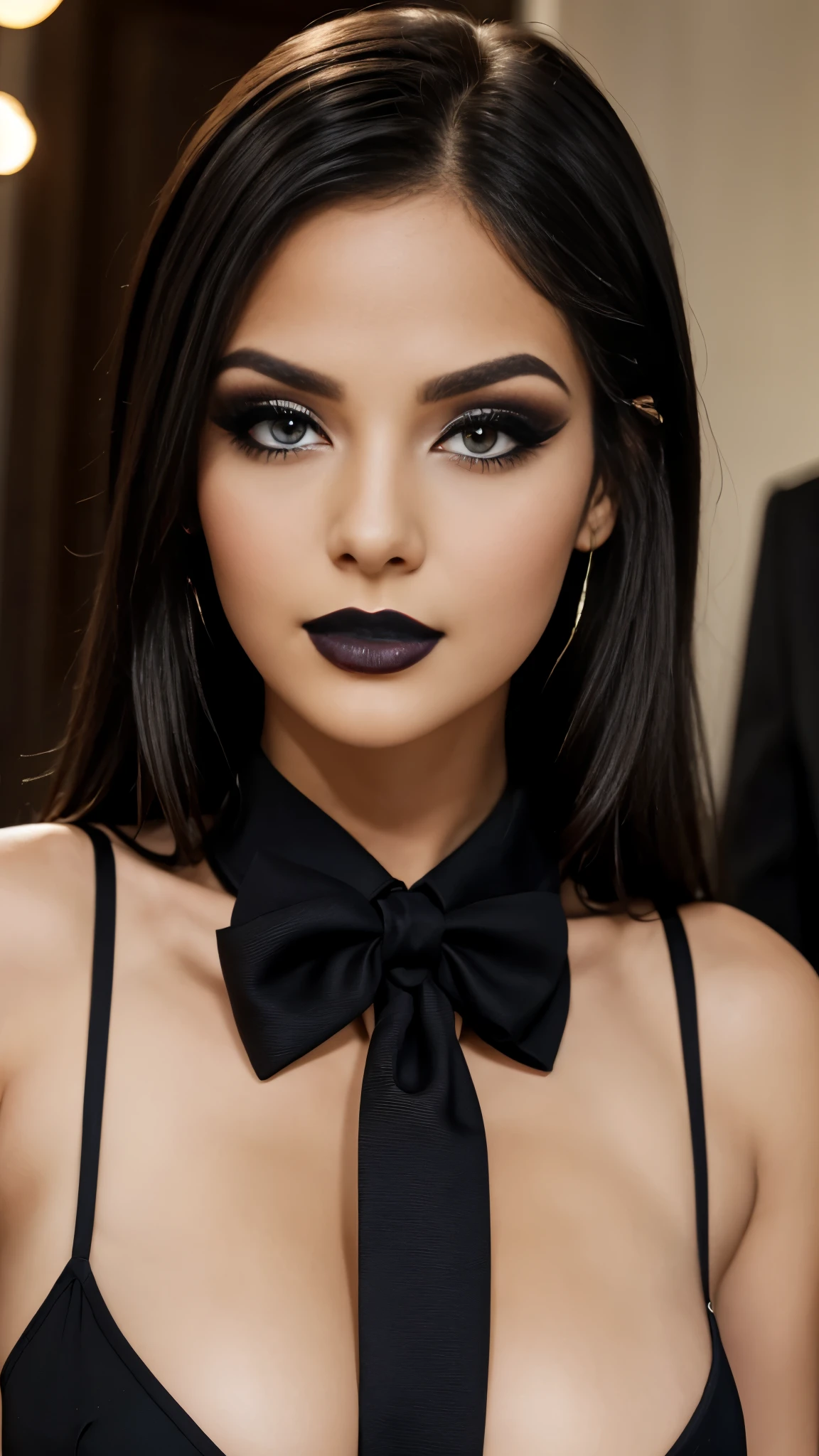 Very sexy girl, Alex Less, Detailed Lips, Detailed Eyes, detailed eyelashes, detailed face, black hair, earnings, nose pressing, seduction eyes, ((black make-up)), black, full body shot, body focus, ((wearing suit)),(( long tie)), 