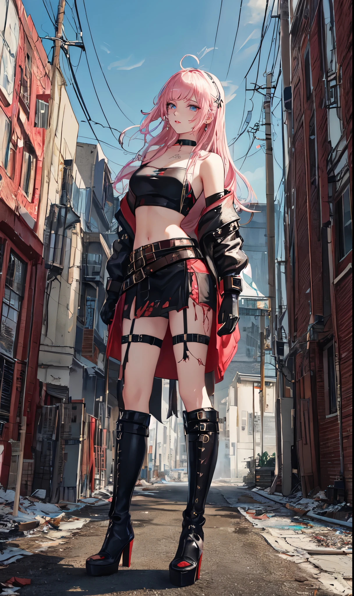 Abandoned winter industrial town background,(white straight hair,：2.0),(red hair end)issue card,Standing close-up,dream world,scars on face,(Slender blue phoenix eyes,pink lipstick,long eyelashes),Gloves,Short sword,choker,(Assassin&#39;s Tight Combat Suit,Torn and worn midriff-baring combat uniform,Leather miniskirt,leg rings,belt：2.0),fur tube top(choker),Over-the-knee high-heeled boots,strappy high heel boots,There are many straps on the legs,Detailed drawn background