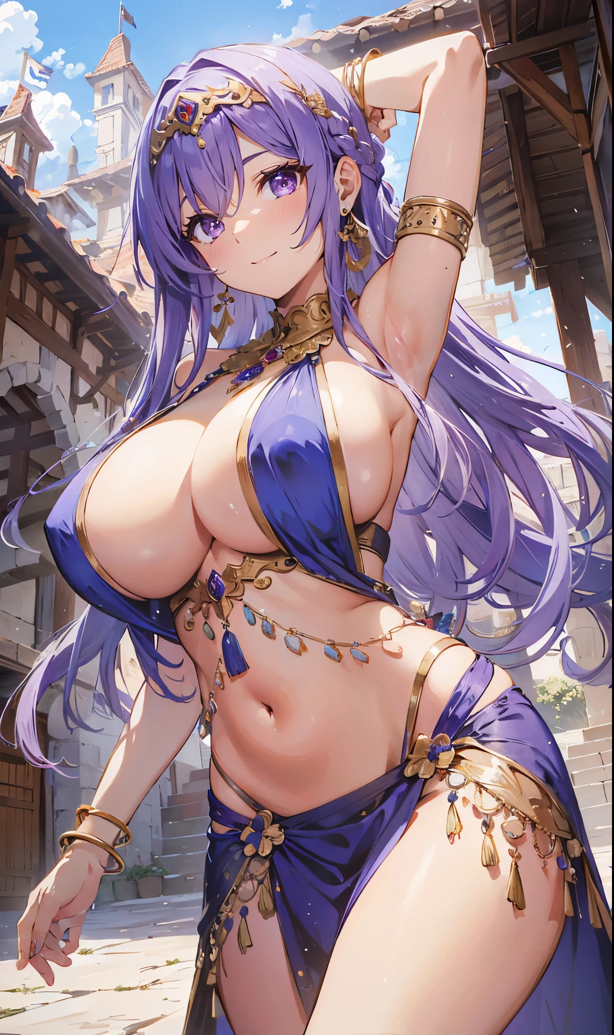 high quality, super detailed, 最high quality, Extremely detailed, beautiful, masterpiece, 1 girl, plaza, medieval europe, cowboy shot, red eyes, long hair, light purple hair, (belly dancer, harem costume, pelvic curtain:1.2), purple costume, barefoot, circlet, earrings, bangle, bracelet, shy smile, dancing, big breasts, cleavage, soft belly