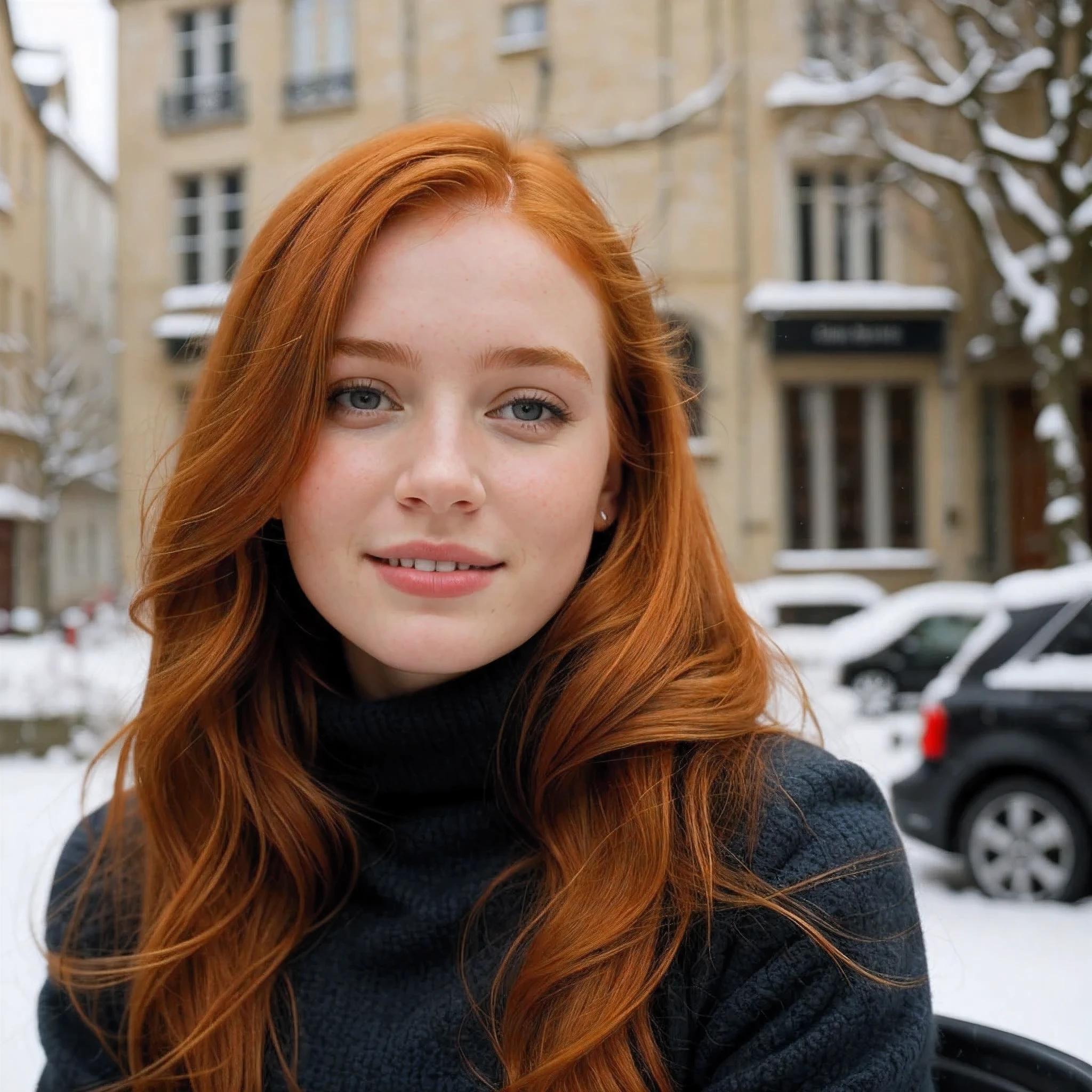 une jolie fille rousse de 20 ans, roux, gros seins, detailed face, cheveux longs roux, detailed skin, beau corps, grands yeux bleus ronds, eye-liner noir, sensual lips, textured skin, chair de poule, cheveux roux, gros manteau en fourrure doux, snowy and mysterious city center and hidden wonders, yeux parfaits, (Aux chandelles,clair-obscur), Support 160 couleurs, shot on ARRI ALEXA 65, Bokeh, mise au point nette sur le sujet, tourné par Don McCullin, joli sourire avec dents visible, (air heureuse)