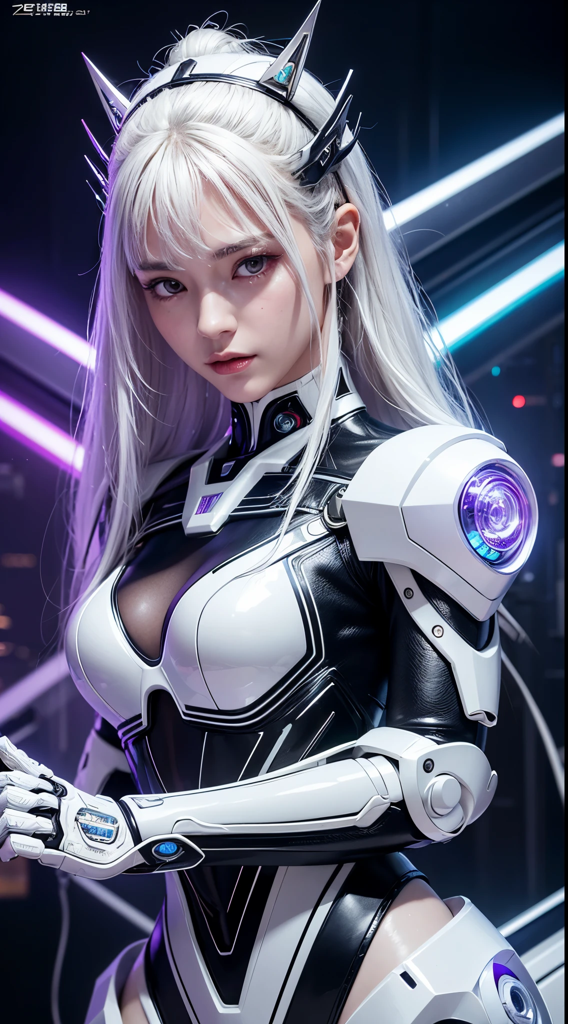 quality、tmasterpiece、ultra high resolution、(Realism:1.4)、RAW photos、white mecha、White porcelain body、Acrylic transparent cover、White hair、Skin glows、1 robot girl、((Ultra-realistic details))、Potrat、globalillumination、cellshading、Octagon rendering、8K、Super sharp、Character edge light，Original leather、Intricate decorative details、Aztec details、Hydraulic cylinder、Small LED light、highly intricate detail、True ray tracing、a purple eye、Radiant in front of the camera、neon light detail、Futuristic headgear、About cyberpunk、、